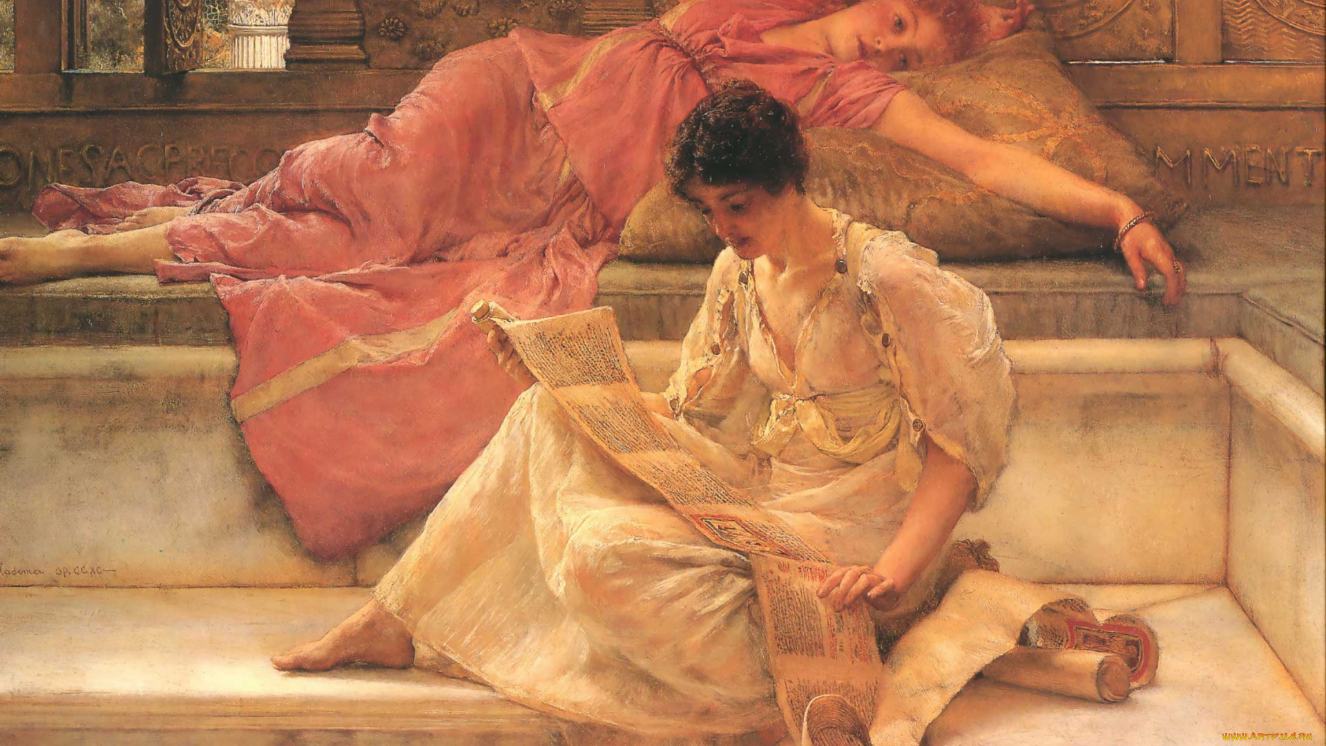 the, favourite, poet, , sir, lawrence, alma-tadema, рисованное, lawrence, alma-tadema, чтение, подушки, фрески, женщины, свиток