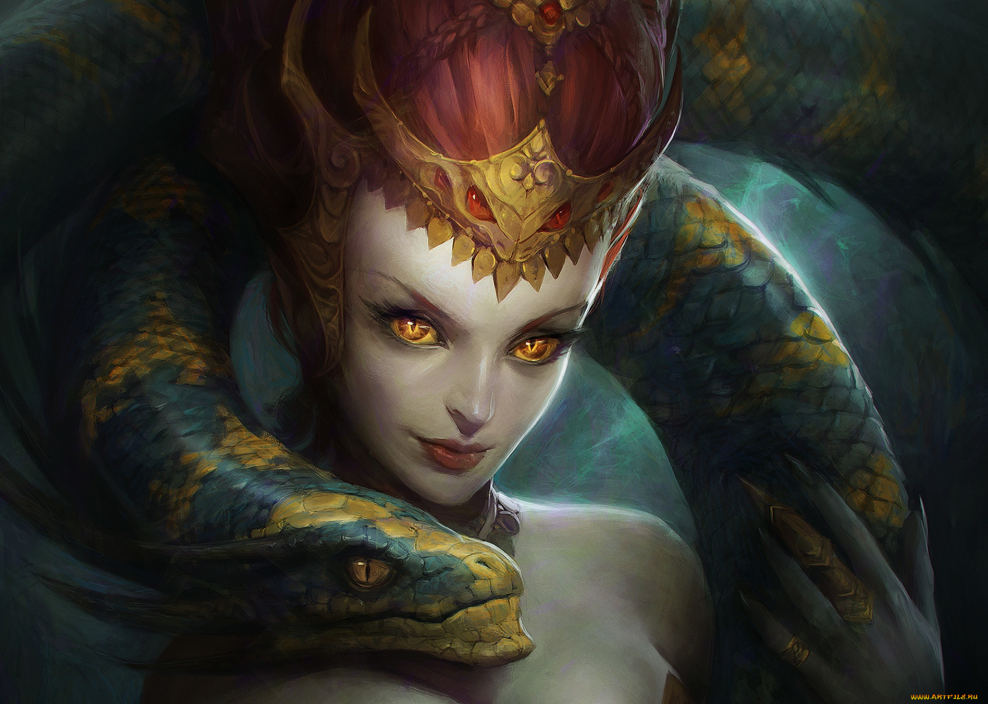 фэнтези, красавицы, и, чудовища, змея, взгляд, девушка, арт