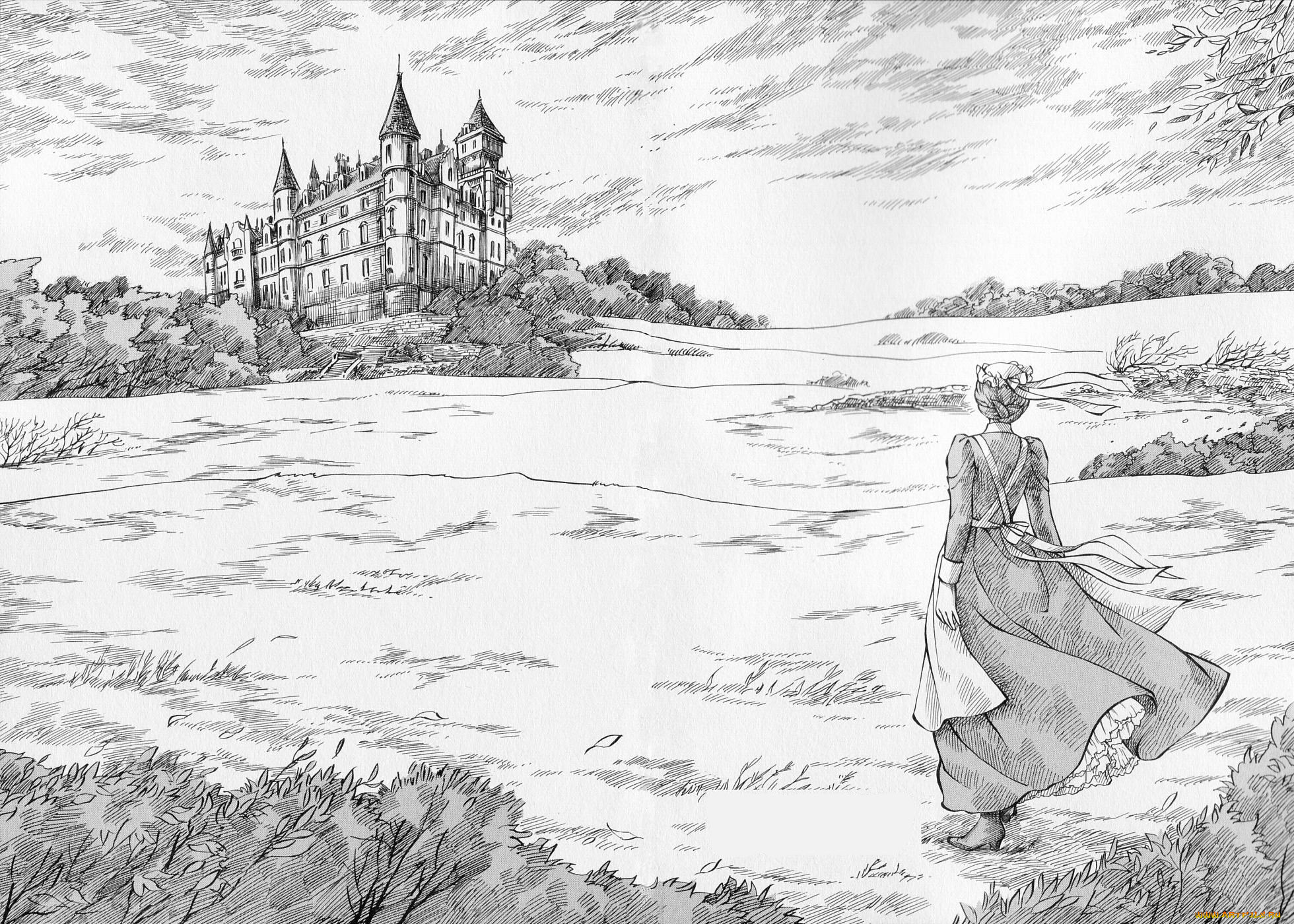 разное, арты, замок, горничная, девушка, рисунок