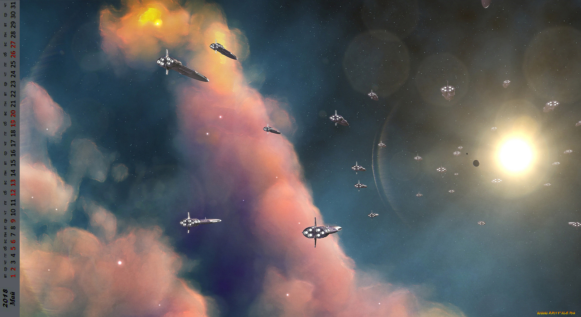 календари, фэнтези, корабль, облака, полет