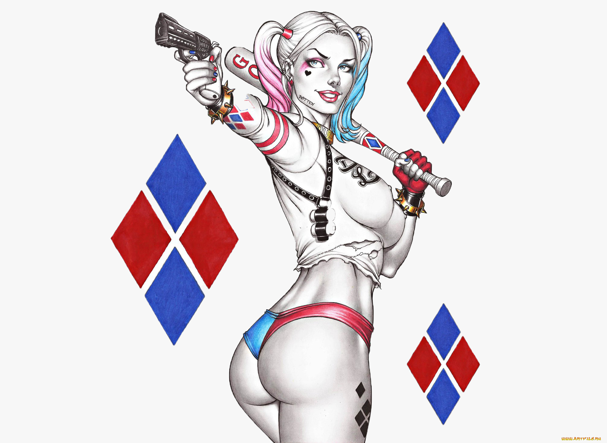 рисованное, комиксы, бита, взгляд, пистолет, фон, девушка
