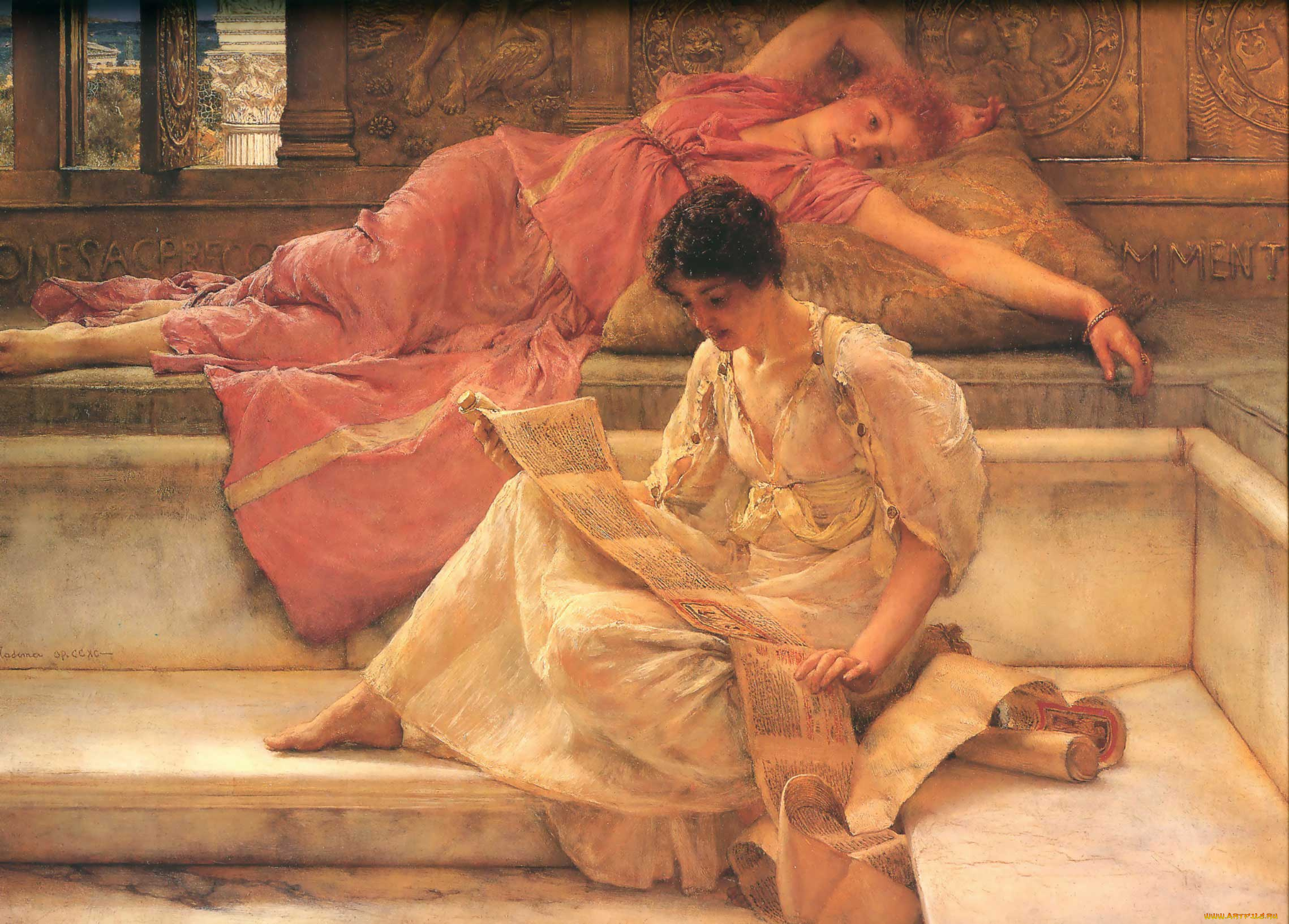 the, favourite, poet, , sir, lawrence, alma-tadema, рисованное, lawrence, alma-tadema, чтение, подушки, фрески, женщины, свиток