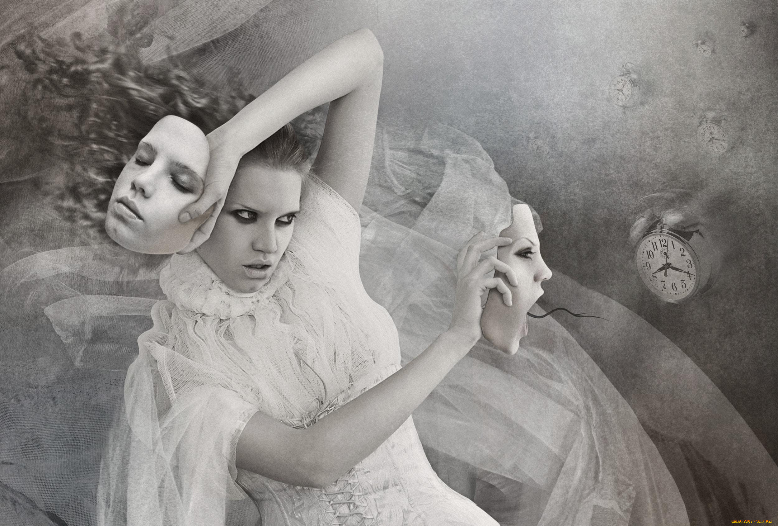 фэнтези, фотоарт, будильник, черно-белая, маски, лица, девушка