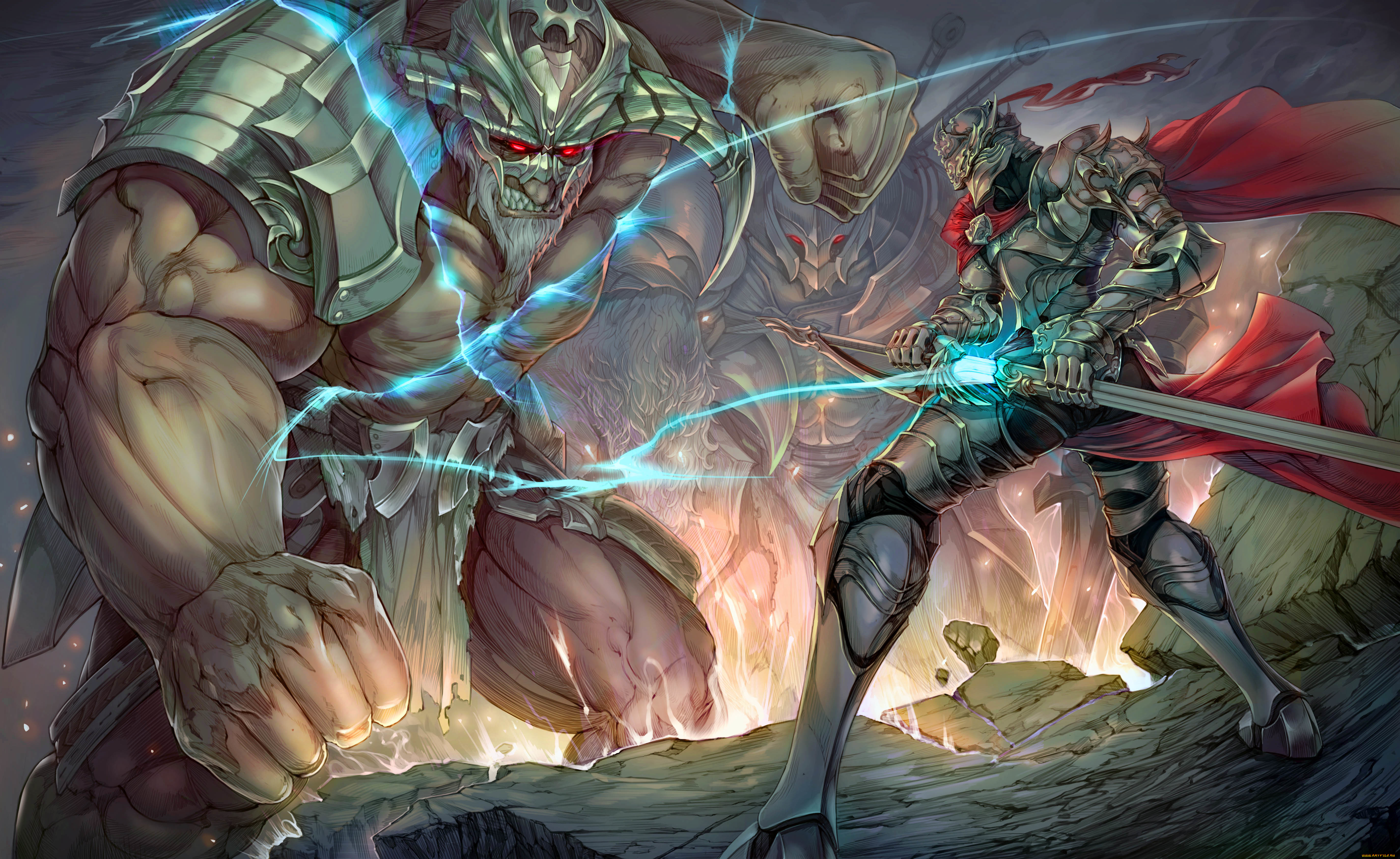 фэнтези, существа, меч, битва, воин, шлем, доспех, монстр, чудовище, фантазия