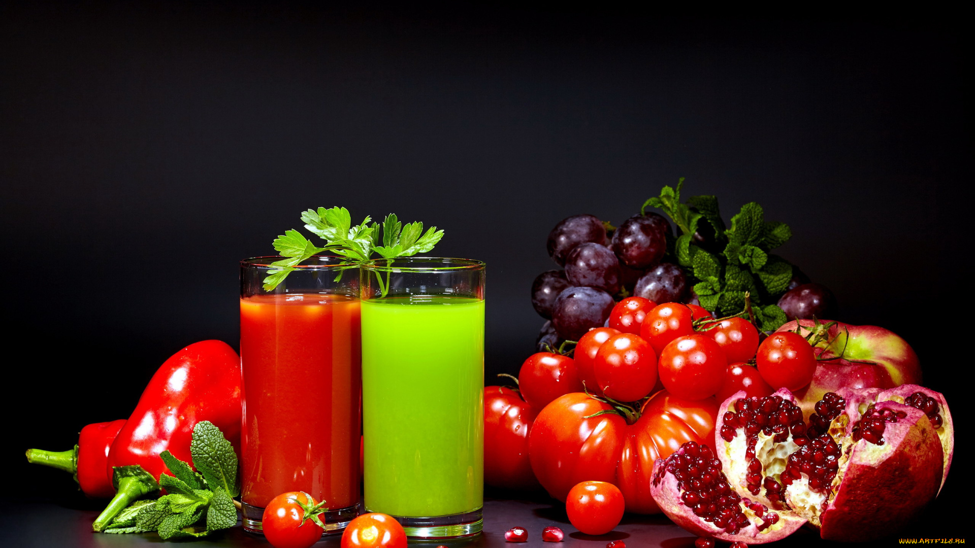 еда, напитки, , сок, сок, гранат, мята, помидоры