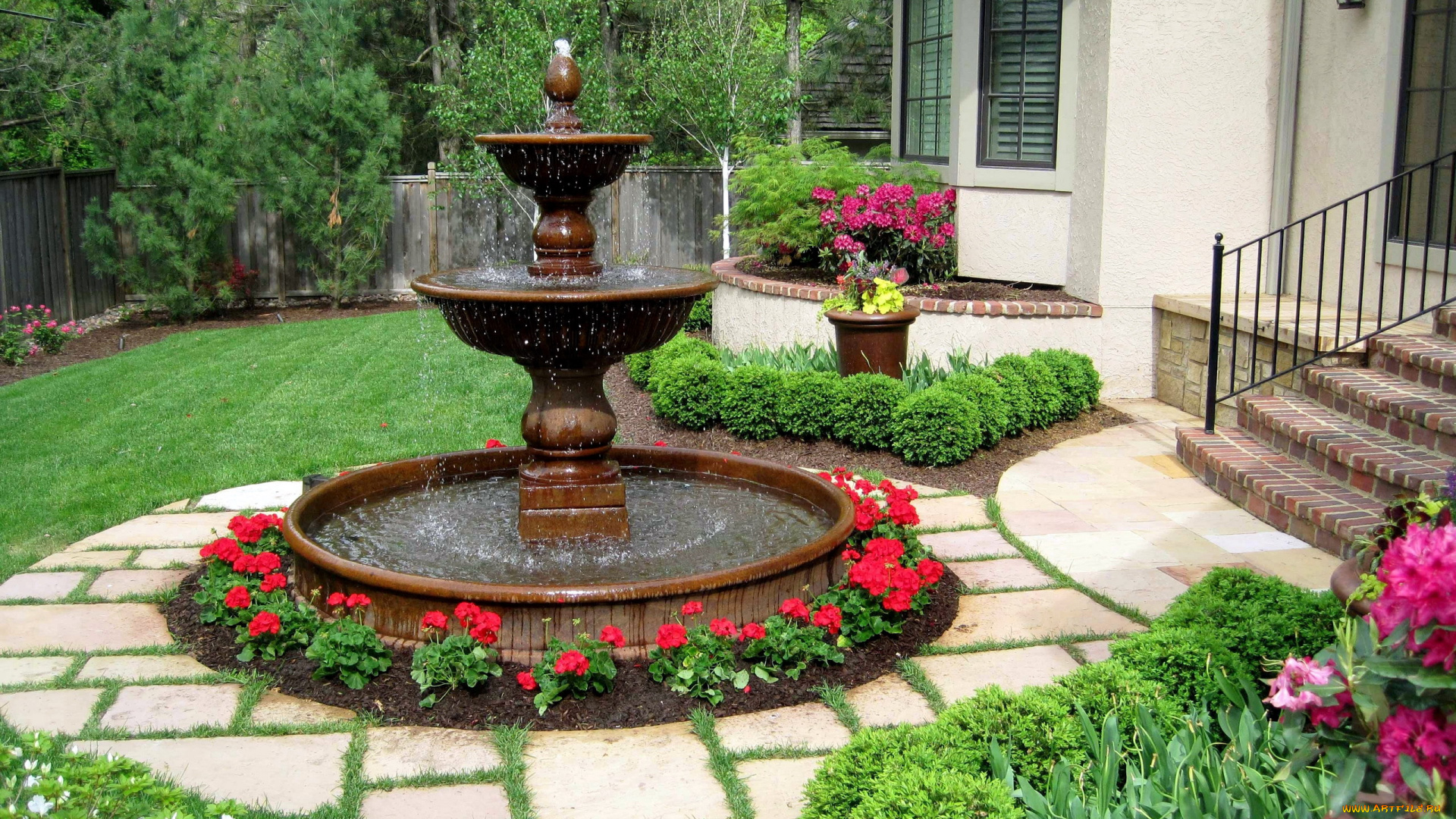 города, -, фонтаны, цветы, фонтан