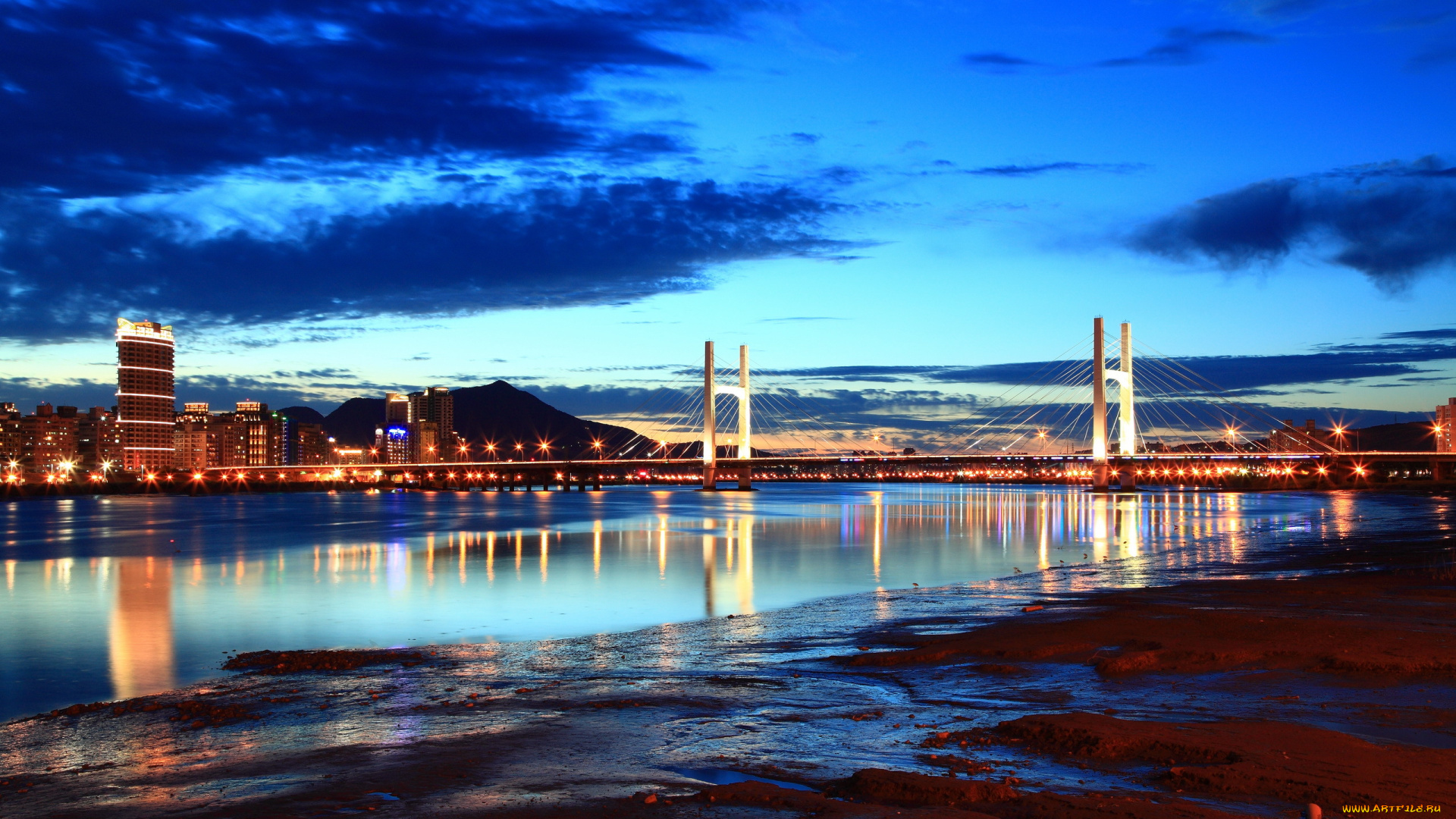 города, -, мосты, огни, мост, дома, небо, тучи, река