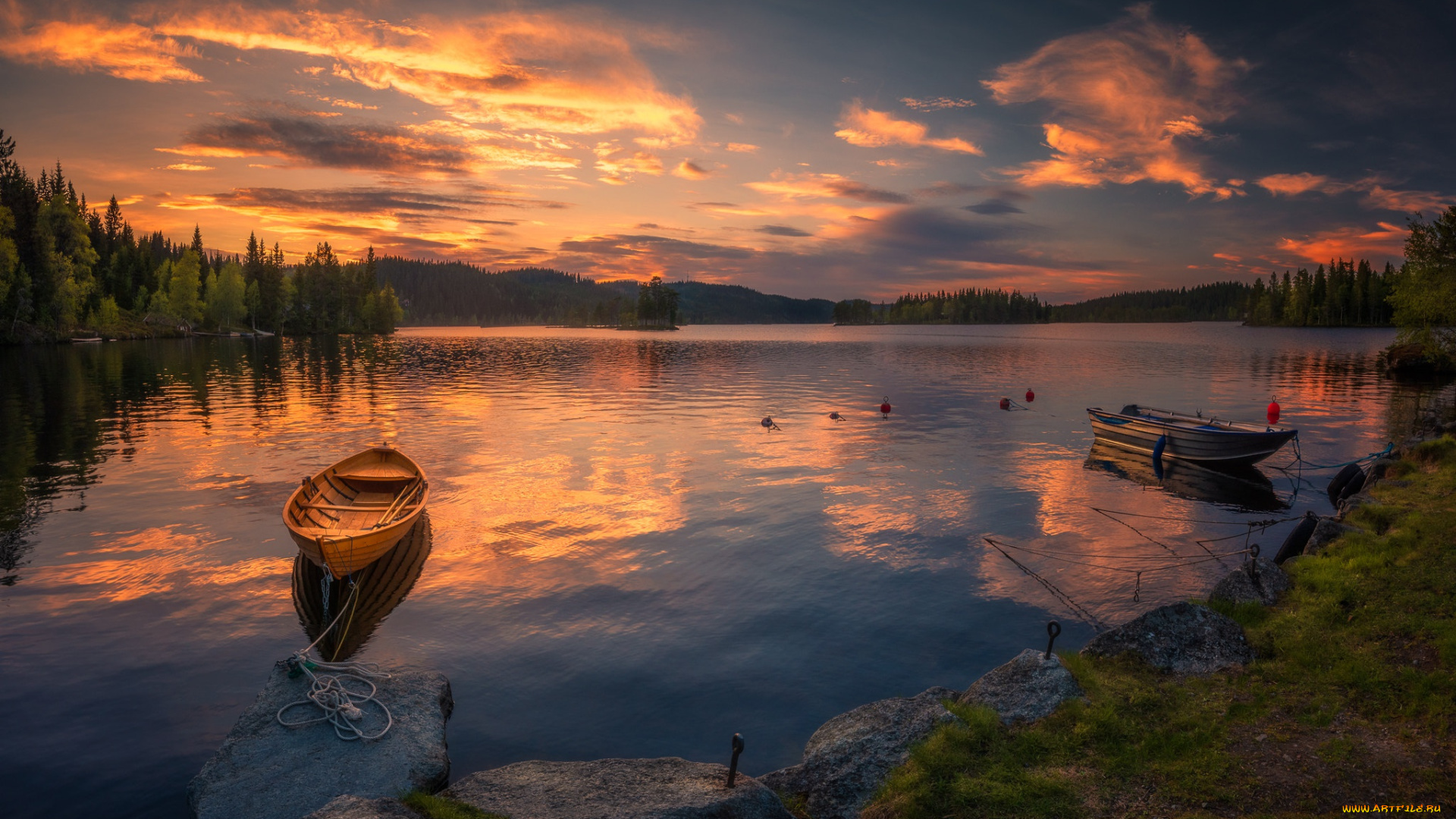 корабли, лодки, , шлюпки, норвегия, озеро, закат