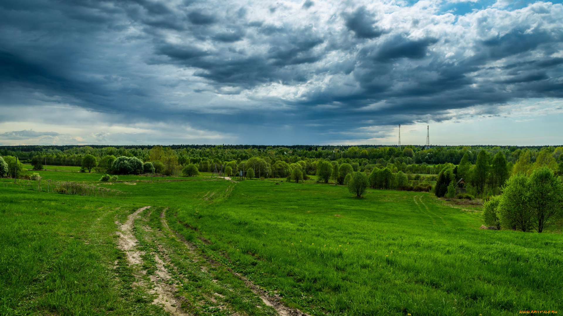 природа, пейзажи, луг, дорога, облака