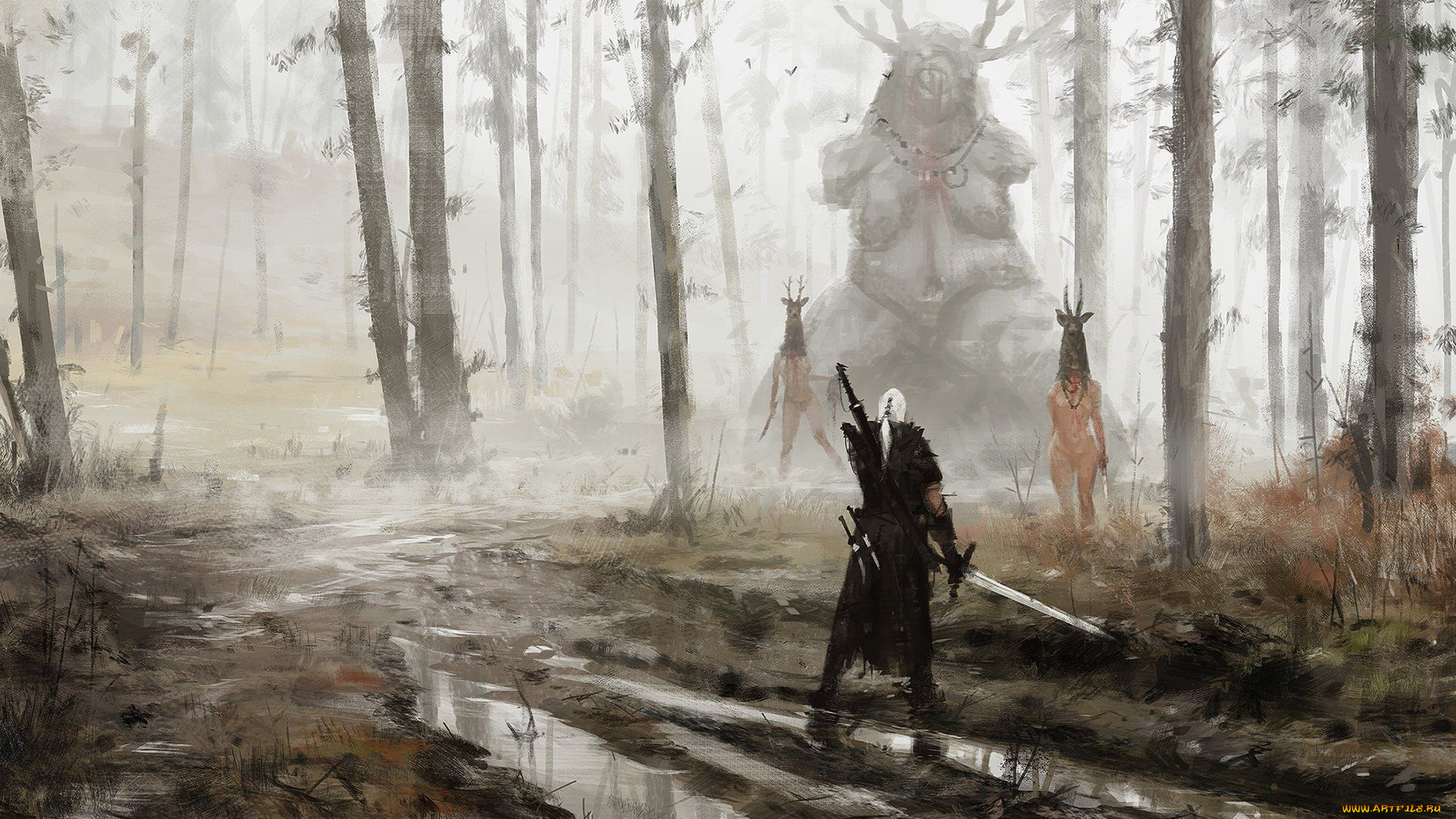 видео, игры, the, witcher, 3, , wild, hunt, жрицы, статуя, ведьмак, лес