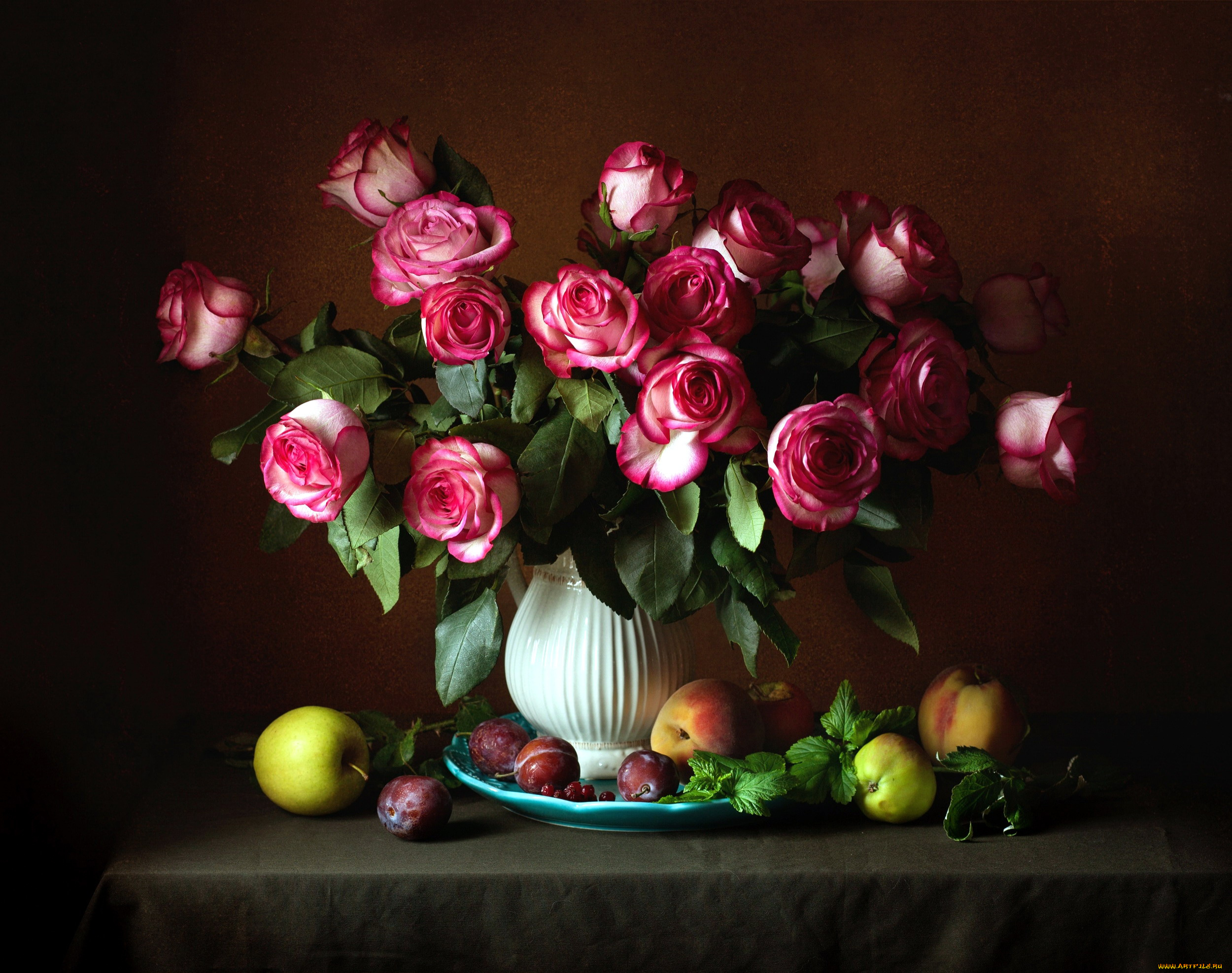 еда, натюрморт, сливы, яблоки, розы