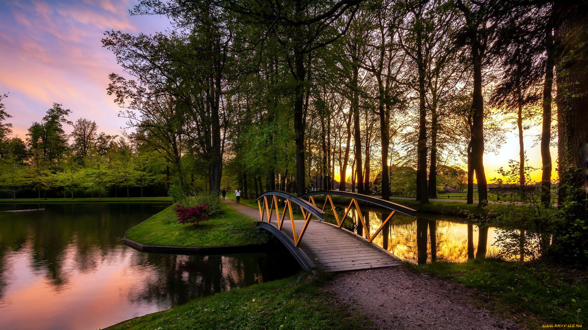 природа, парк, пруд, мостик