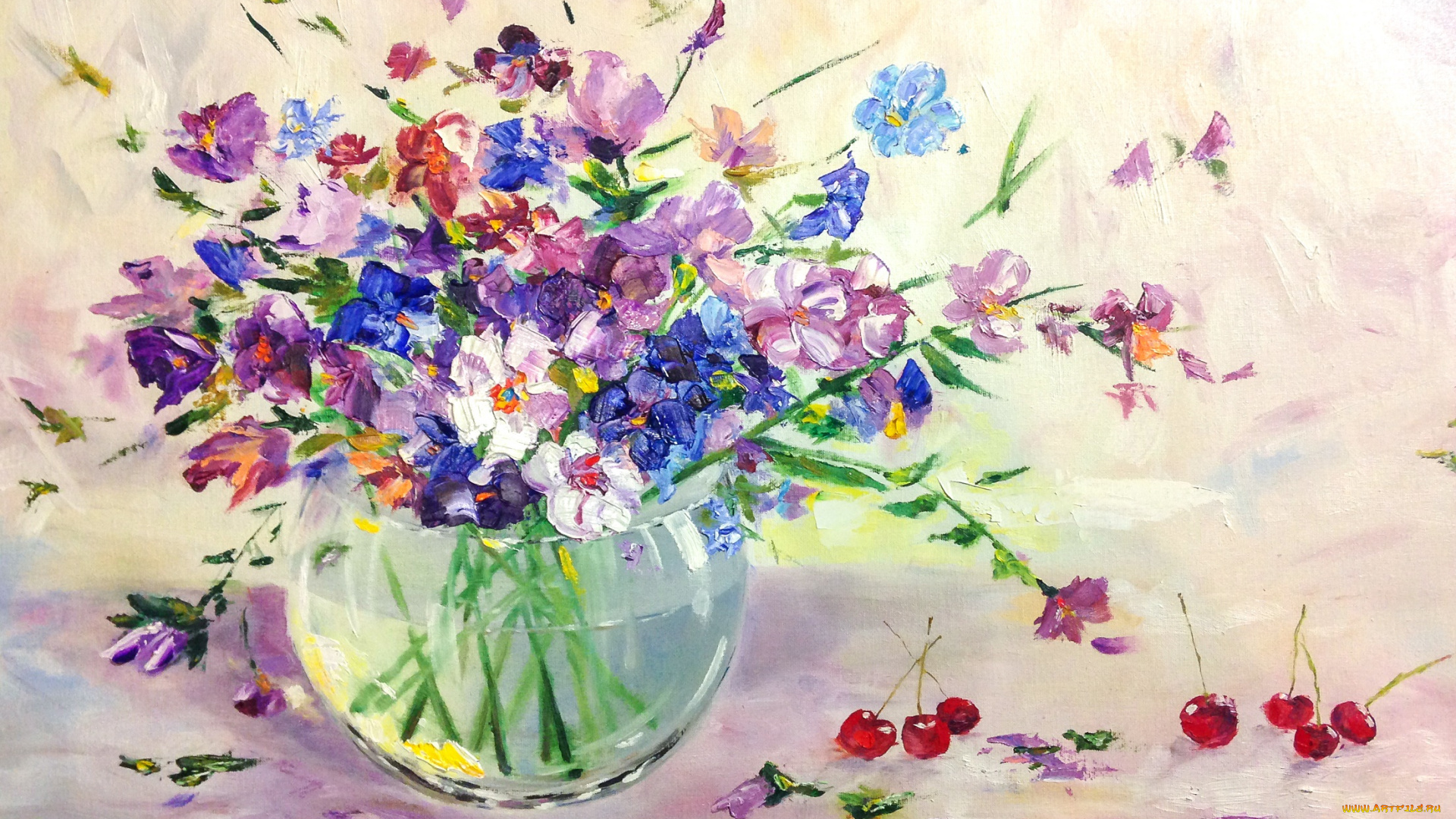 рисованное, живопись, цветы, картина, ваза