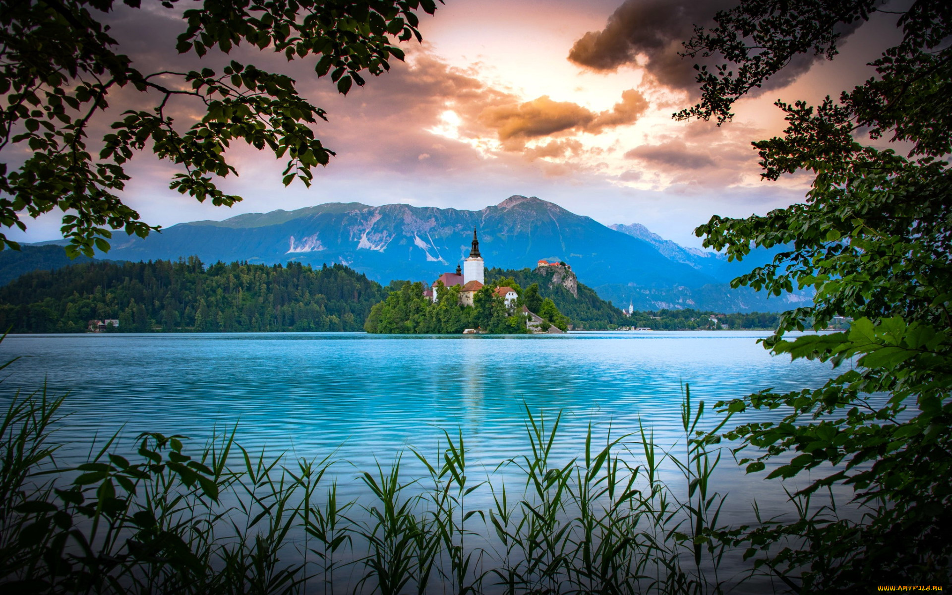 города, блед, , словения, горы, озеро, остров