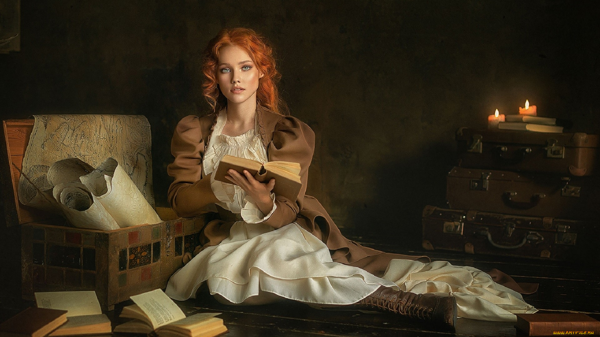 девушки, -, рыжеволосые, и, разноцветные, свечи, книги, чемоданы, рыженькая