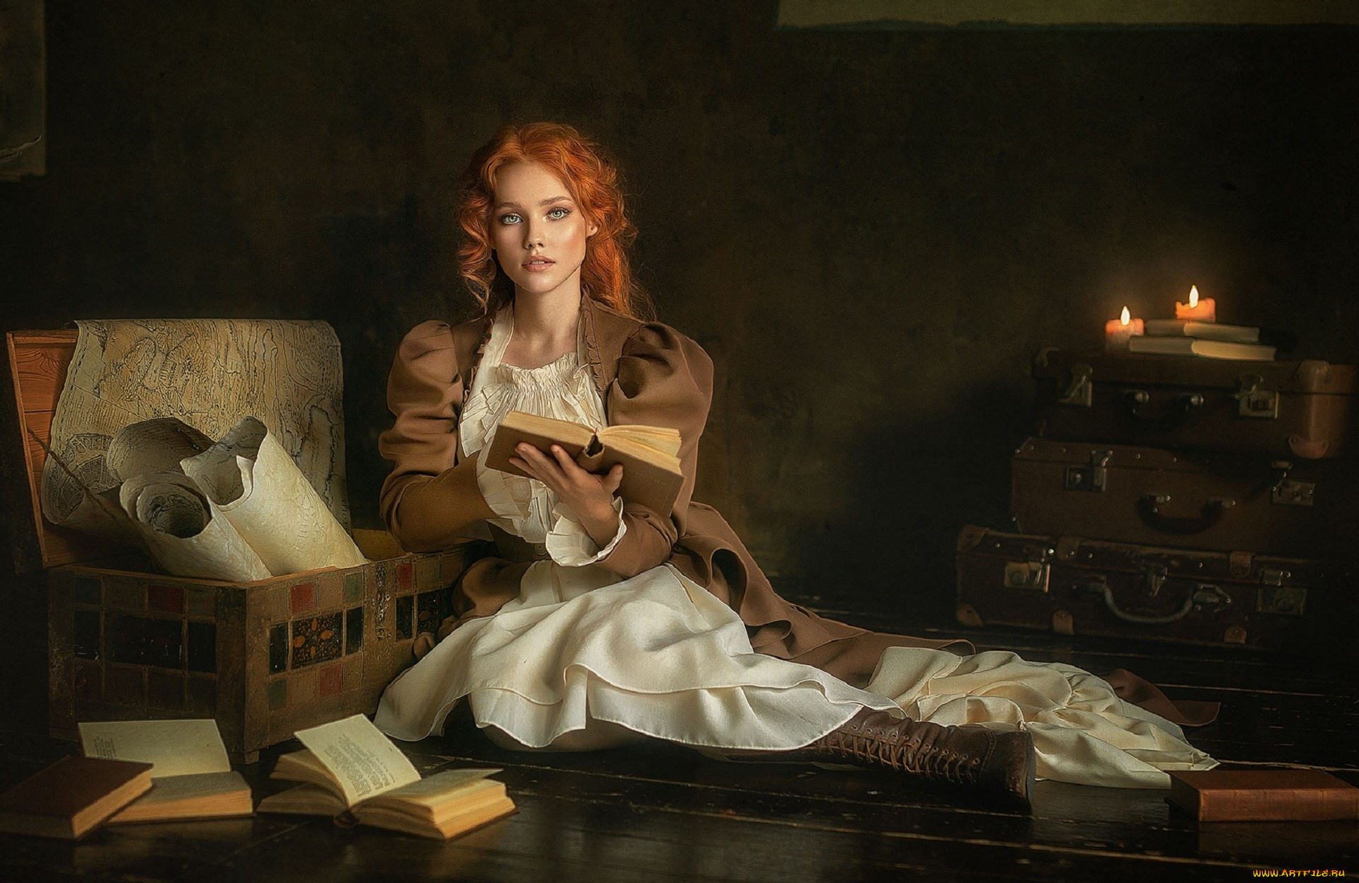 девушки, -, рыжеволосые, и, разноцветные, свечи, книги, чемоданы, рыженькая