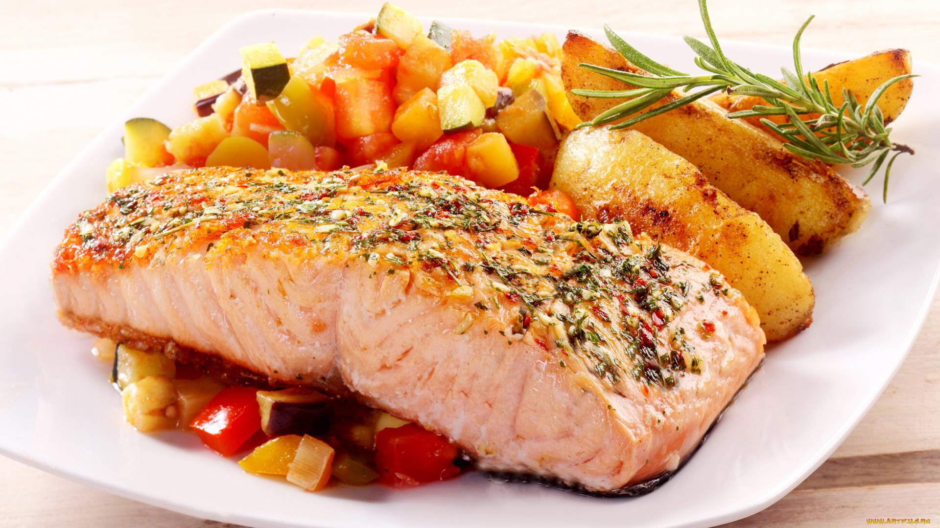 еда, рыбные, блюда, , с, морепродуктами, форель, картофель, овощи, розмарин