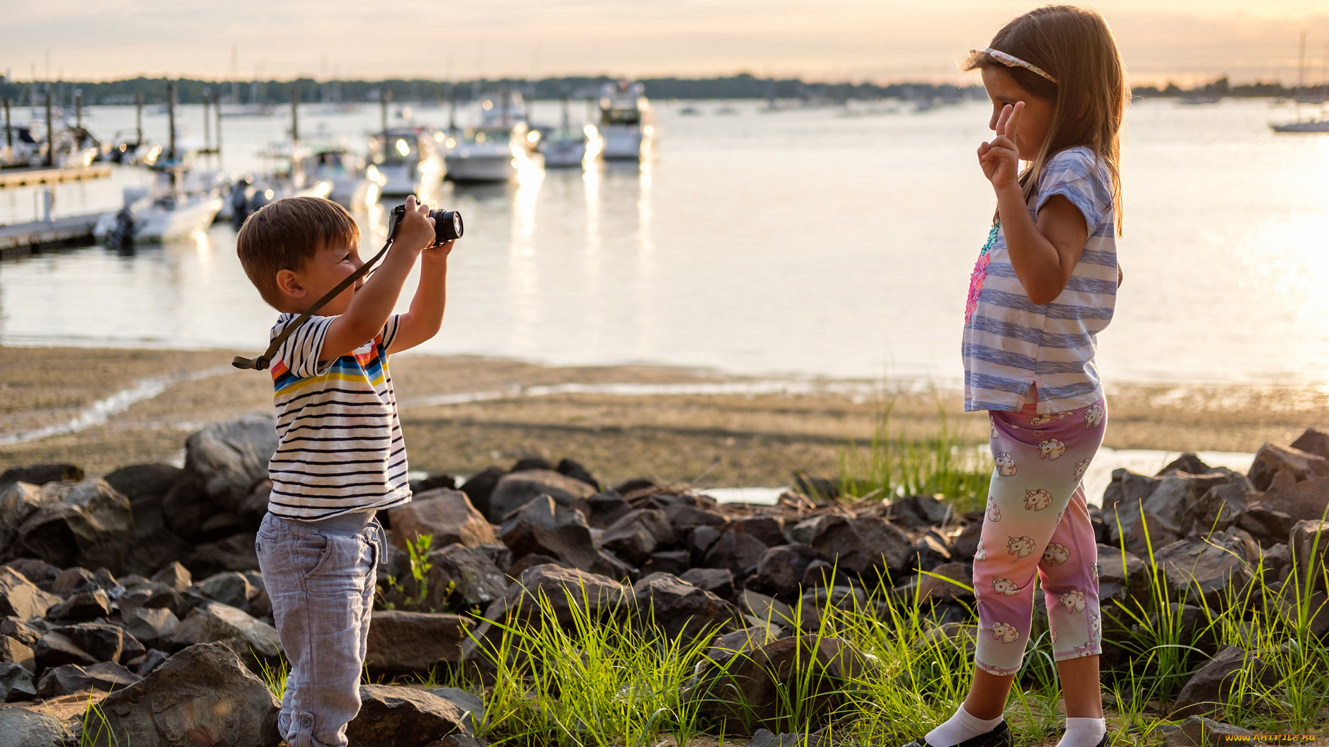 разное, дети, девочка, мальчик, фотоаппарат, море, яхты