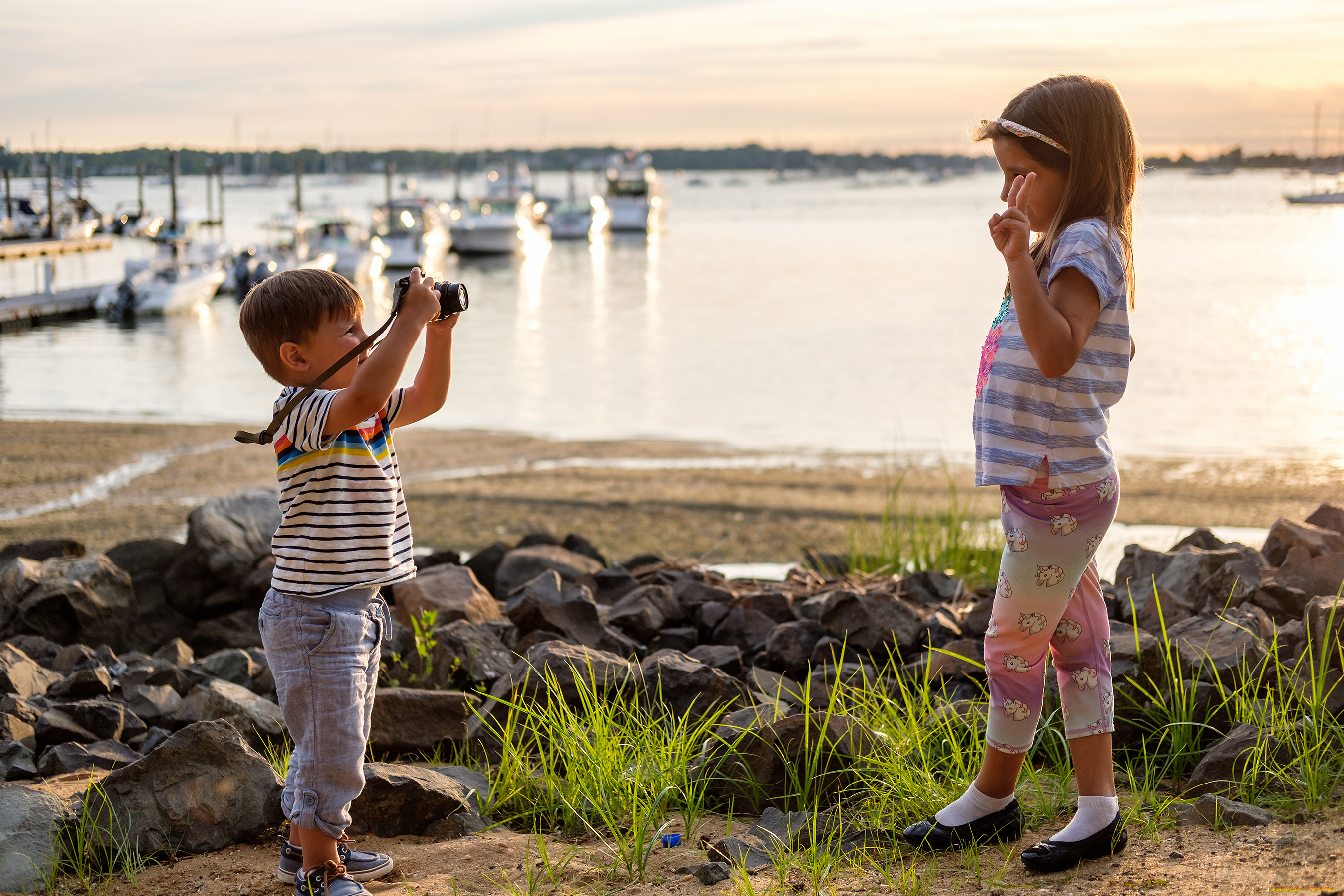 разное, дети, девочка, мальчик, фотоаппарат, море, яхты