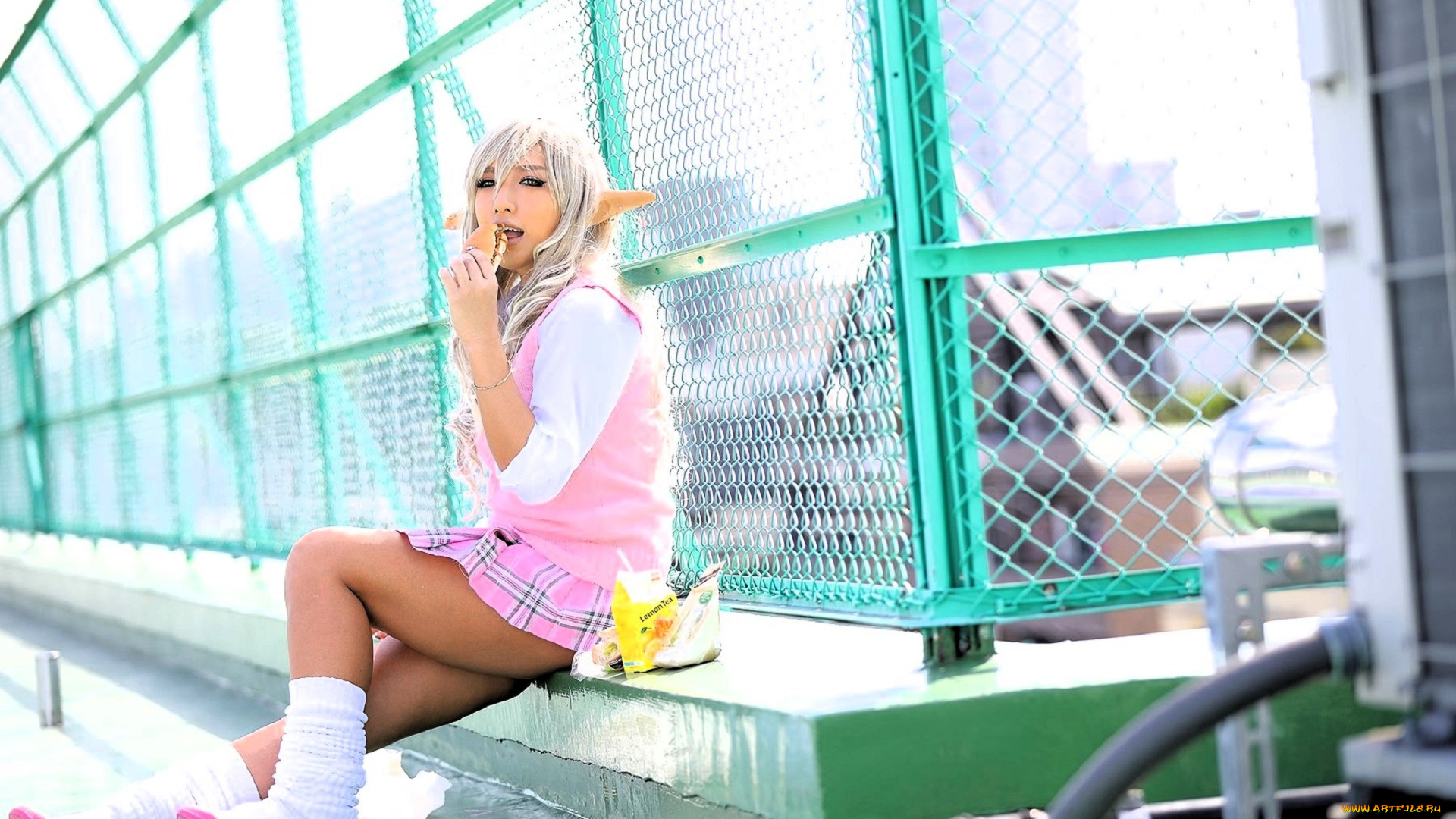 девушки, nonsummerjack, образ, косплей, эльфийка, ушки, форма, еда, решетка