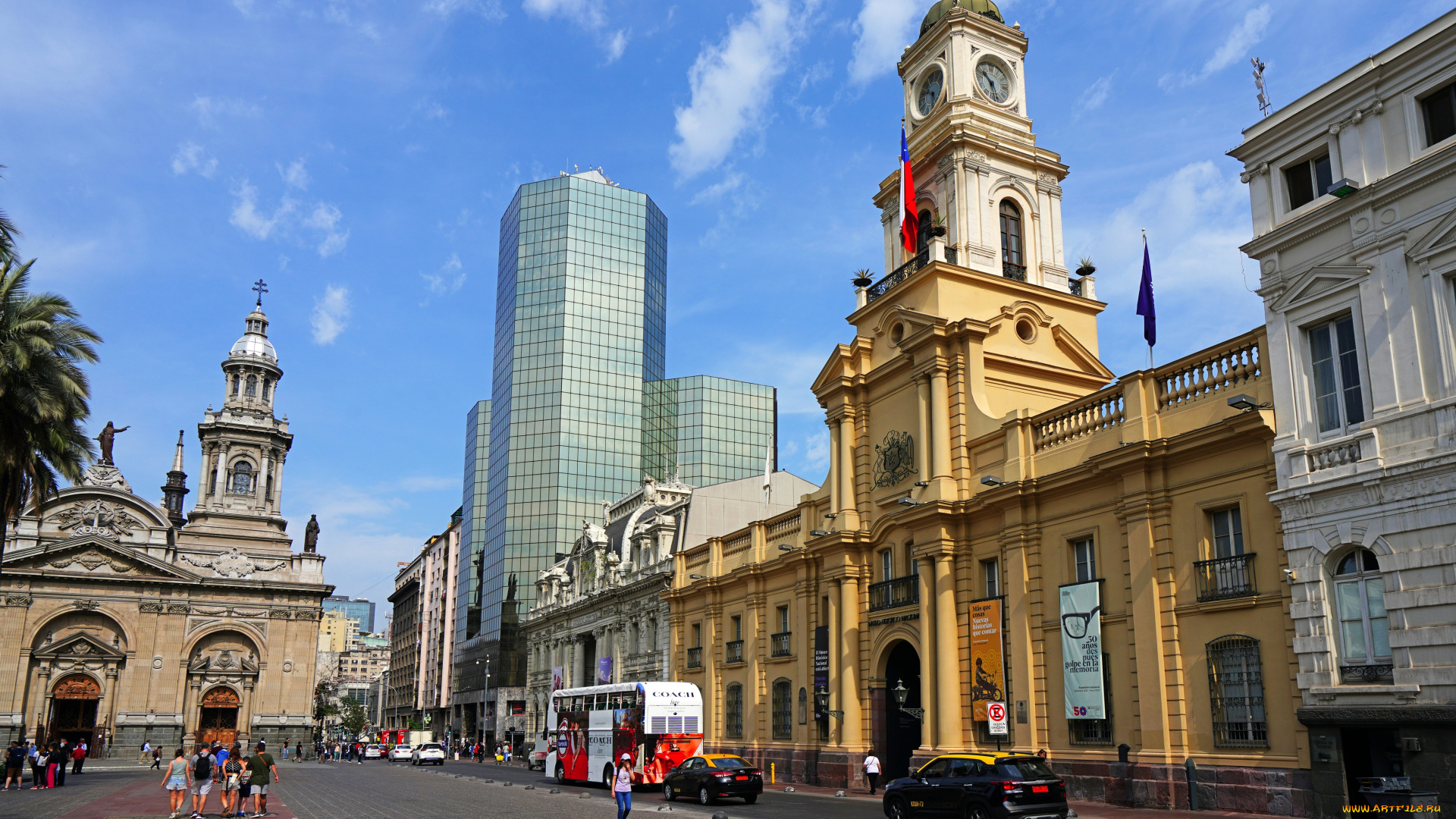города, сантьяго, , чили, улица, дома, здания, транспорт, люди