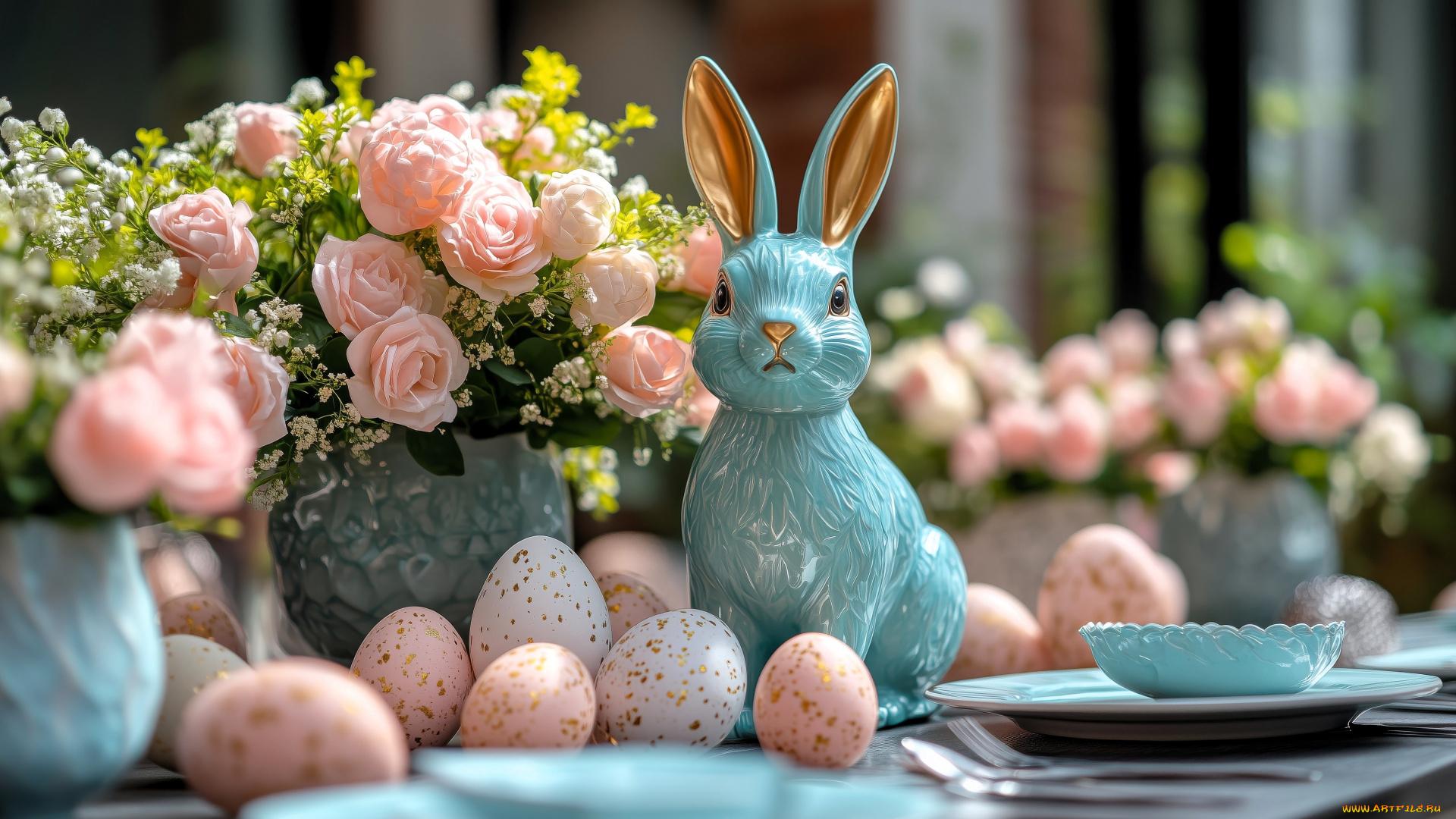 праздничные, пасха, цветы, яйца, стол, посуда, кролик, фарфор