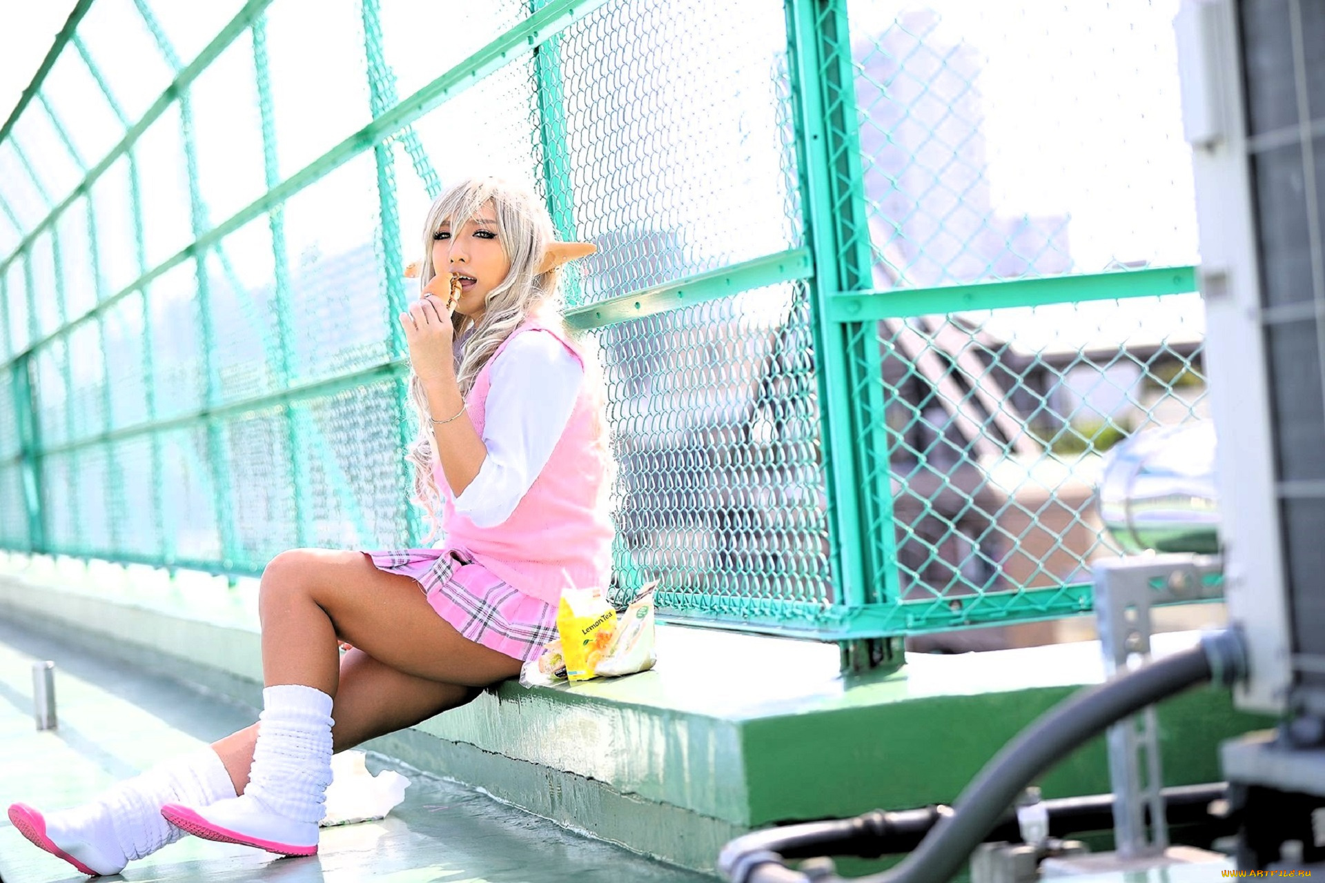 девушки, nonsummerjack, образ, косплей, эльфийка, ушки, форма, еда, решетка