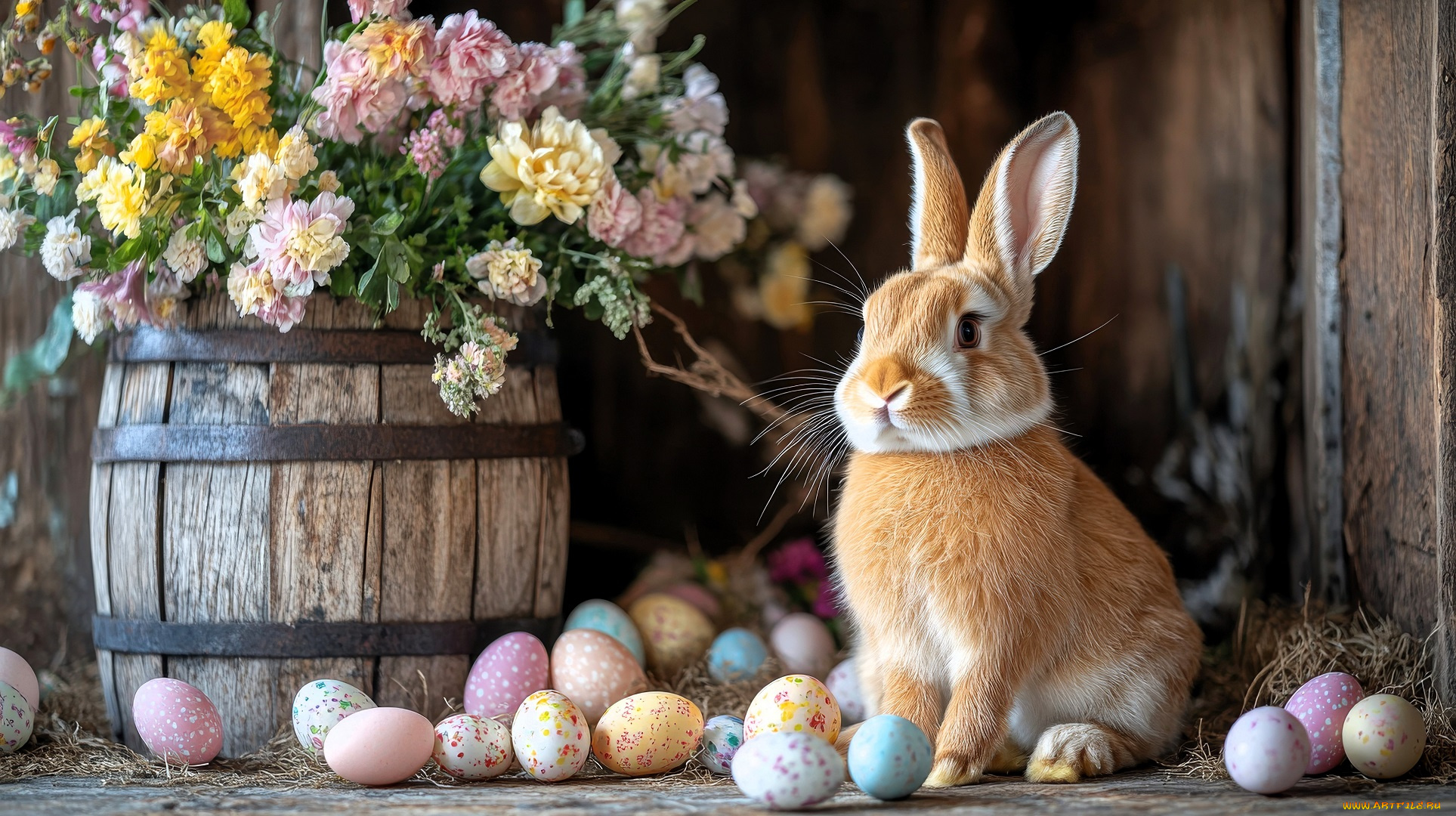 праздничные, пасха, цветы, бочка, яйца, кролик