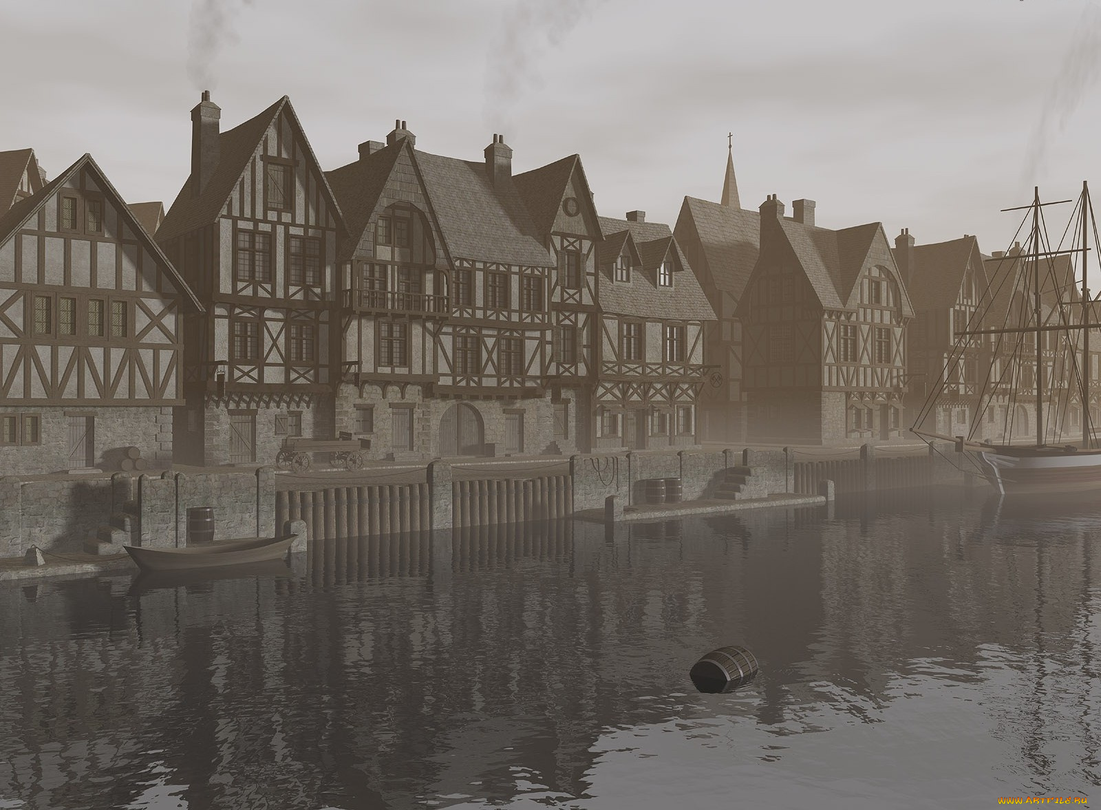 3д, графика, architecture, архитектура, река, дома