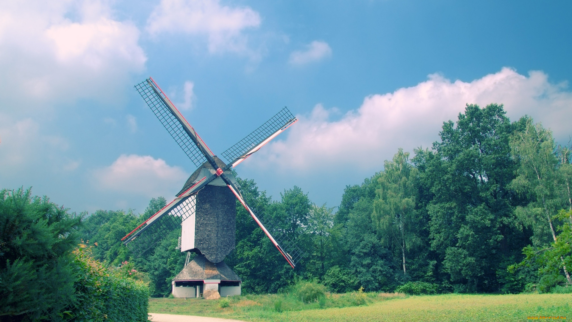 разное, мельницы, деревья, небо, мельница, дорога