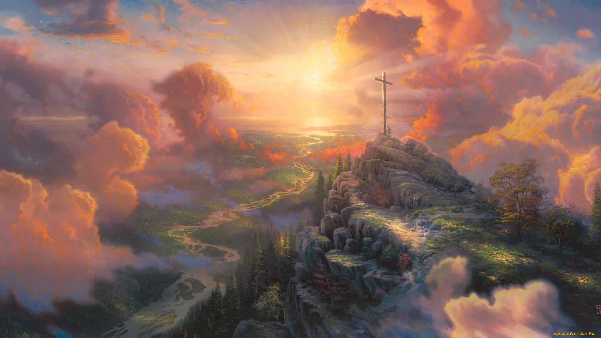 thomas, kinkade, рисованные, свет, солнце, холм, крест