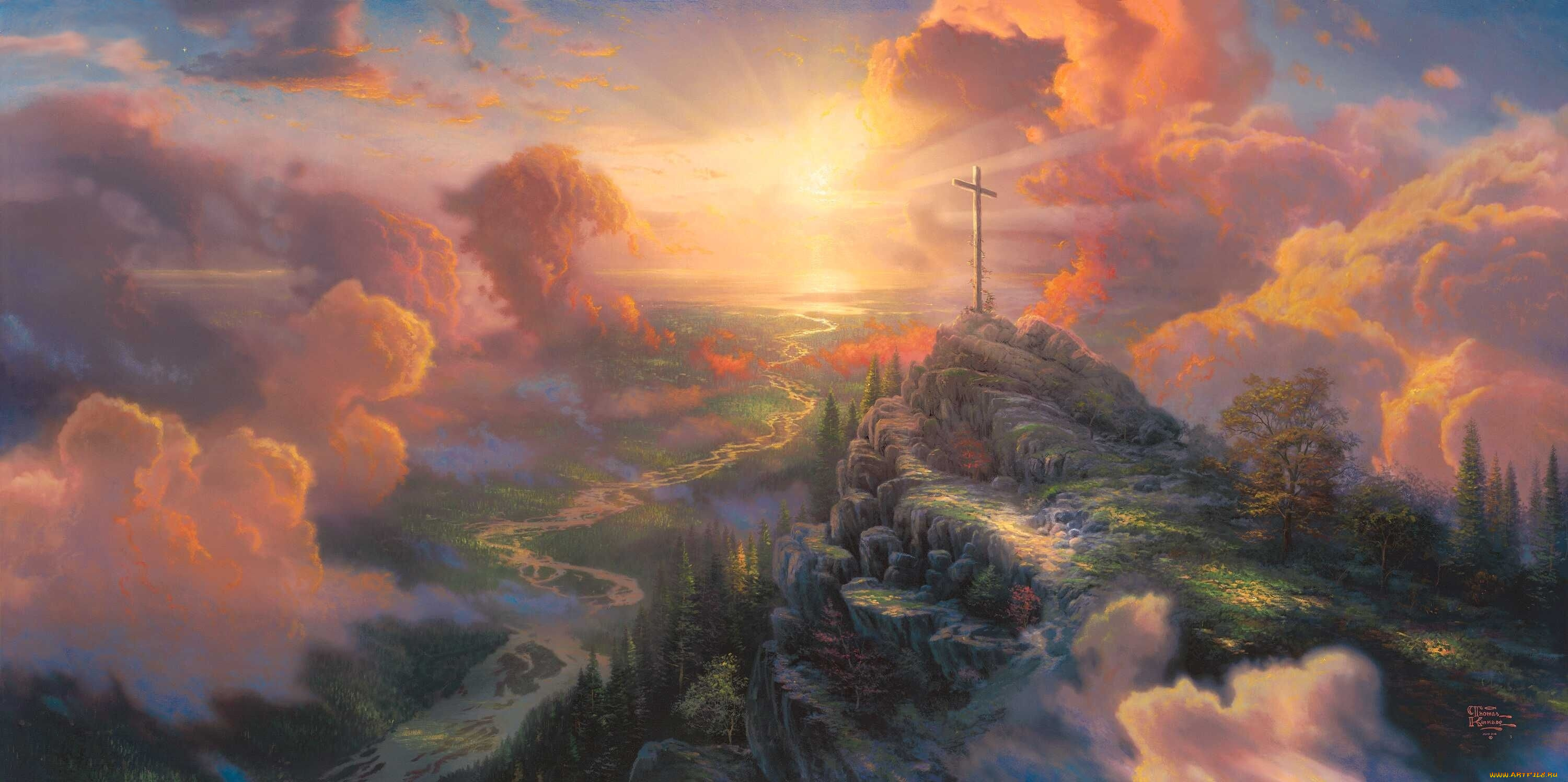 thomas, kinkade, рисованные, свет, солнце, холм, крест