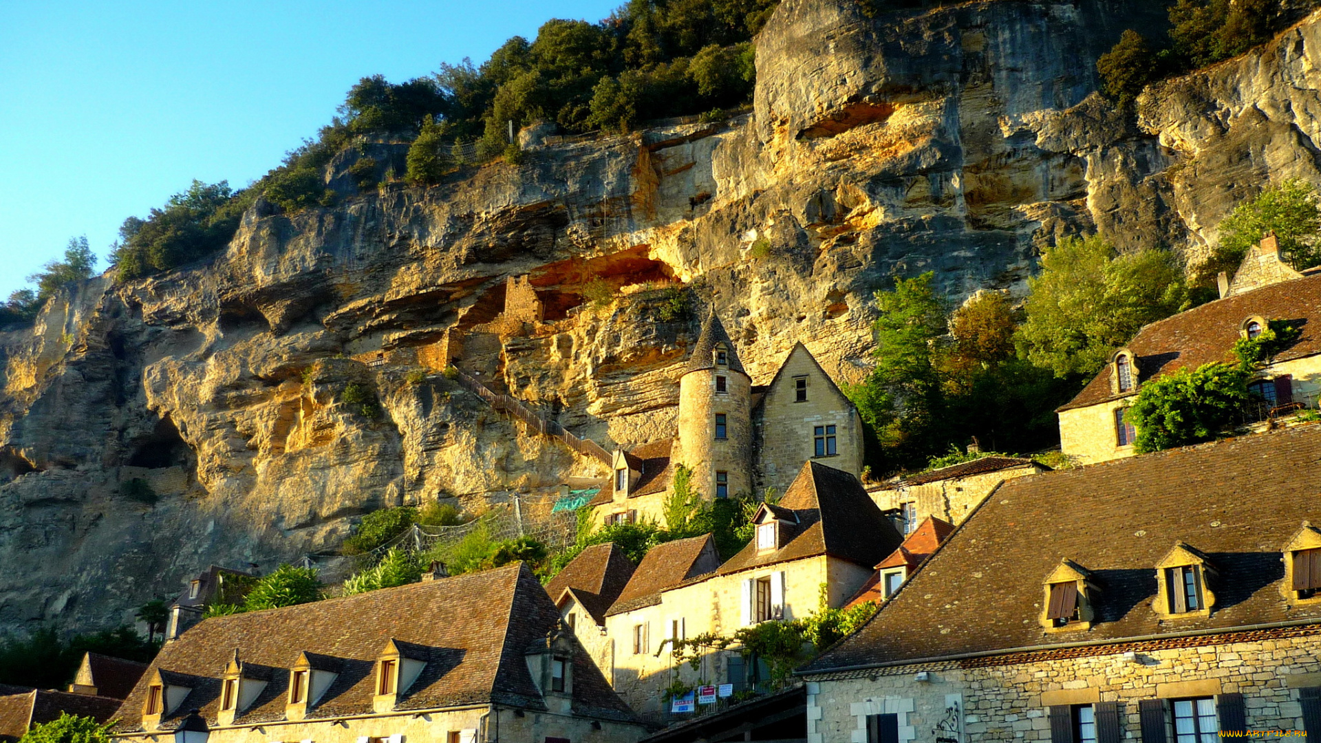 деревня, la, roque, gageac, франция, города, -, здания, , дома, деревня, скалы, дома, река, франция, la, roque, gageac