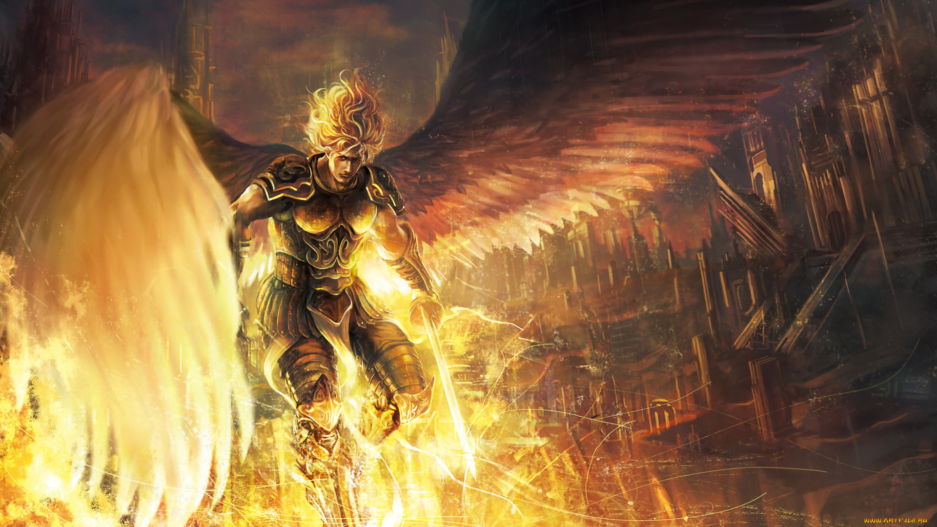 фэнтези, ангелы, небо, оружие, меч, парень, takakyo, арт, ангел, крылья, город, дома, броня, облака