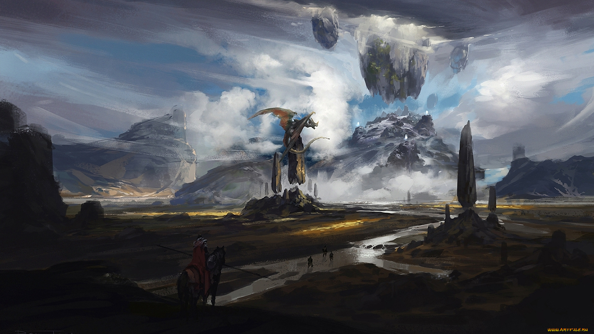 фэнтези, драконы, горы, воин, всадник, река, мир, иной