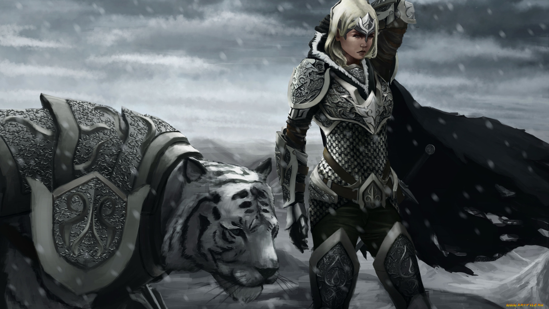 фэнтези, красавицы, и, чудовища, доспехи, воин, девушка, тигр, снег, зима