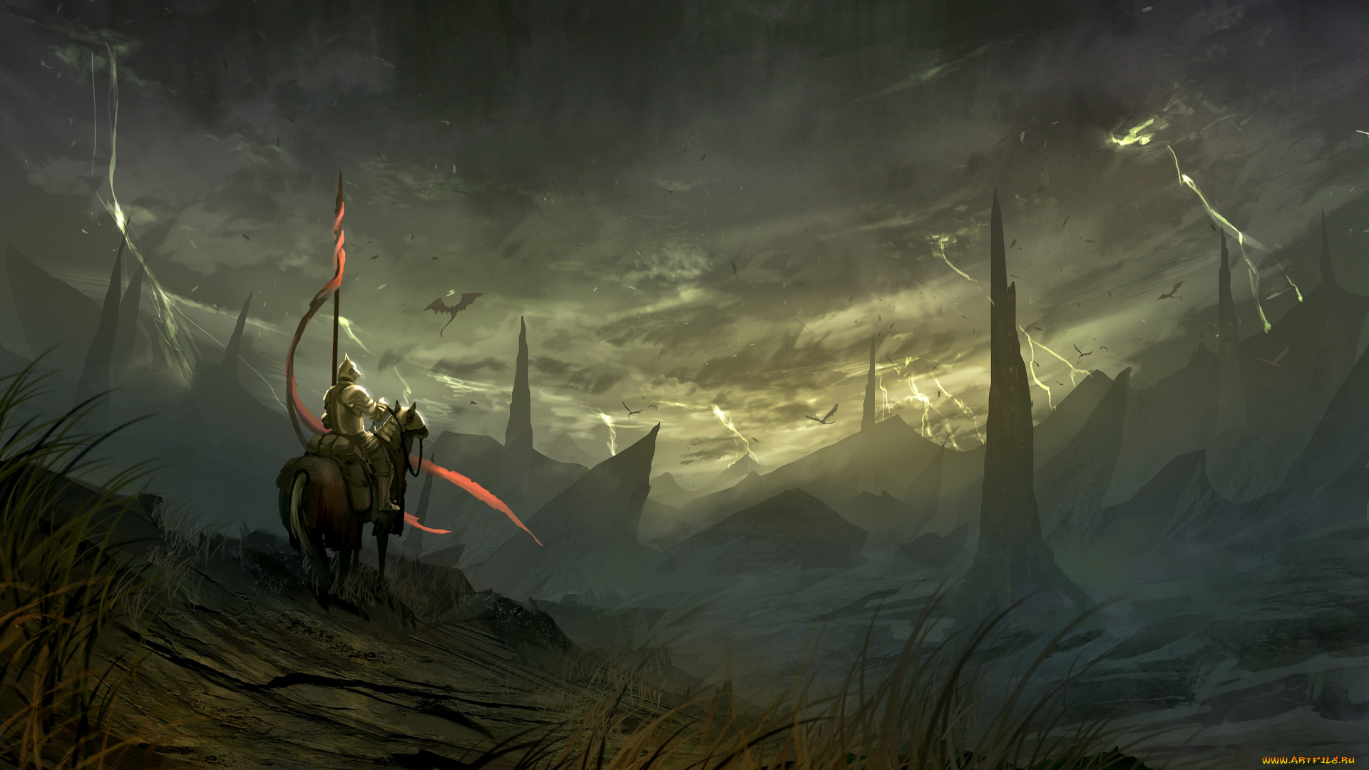 фэнтези, люди, воин, пустошь, дракон, мир, иной, всадник, рыцарь