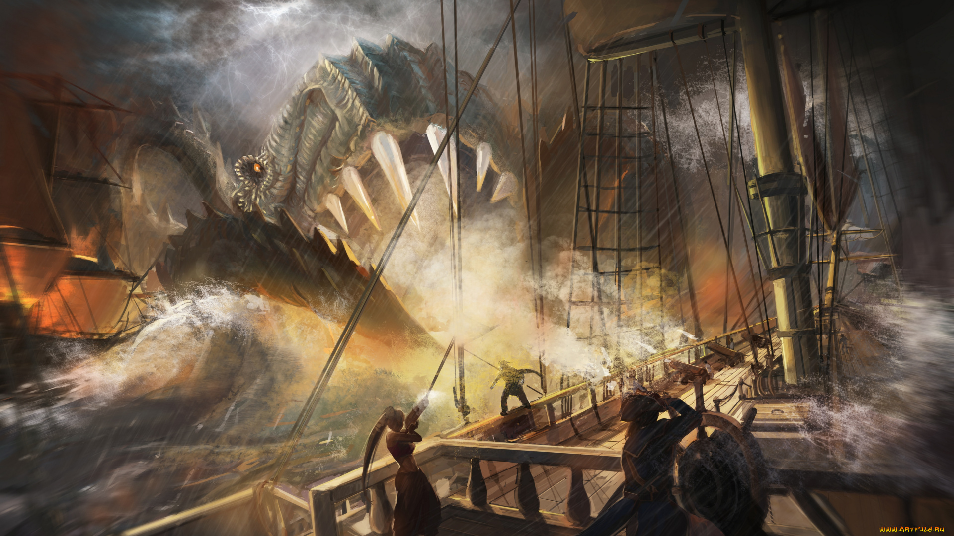 фэнтези, существа, монстр, кракен, чудовище, существо, моряки, море, корабль