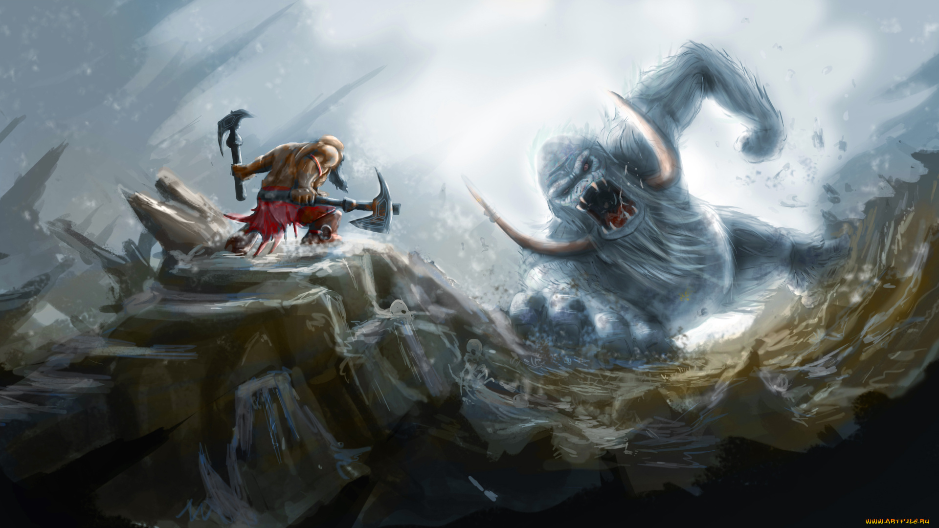 фэнтези, существа, существо, монстр, топоры, воин, атака, бивни