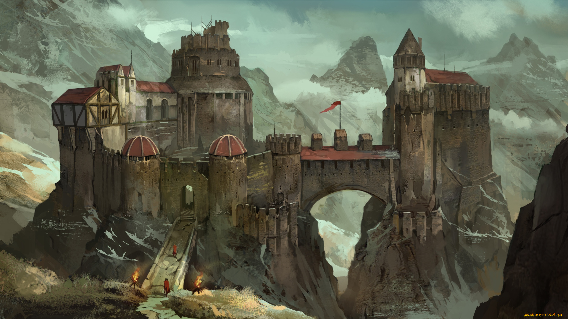 фэнтези, замки, мост, горы, снег, огонь, флаг, панорама, облака, небо, арт, замок