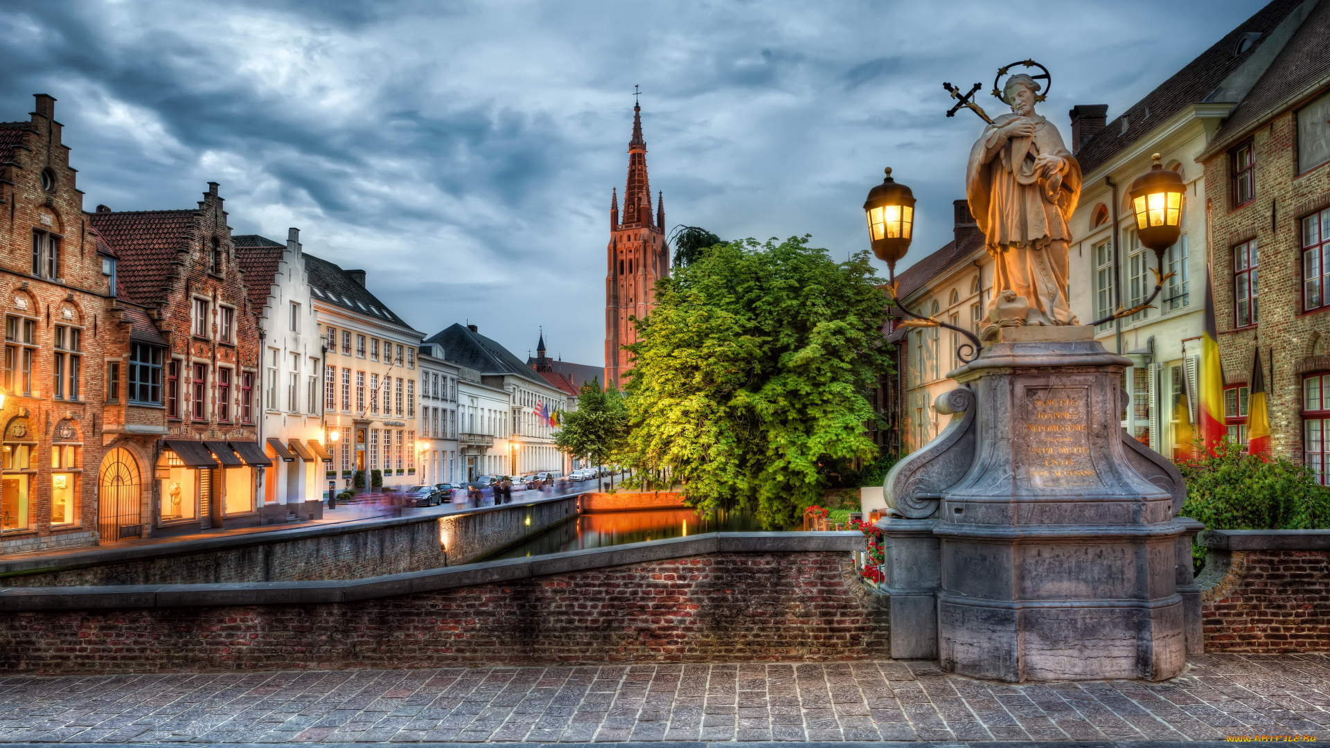 города, брюгге, , бельгия, огни, ночь, памятник, брюгге, дома, улица