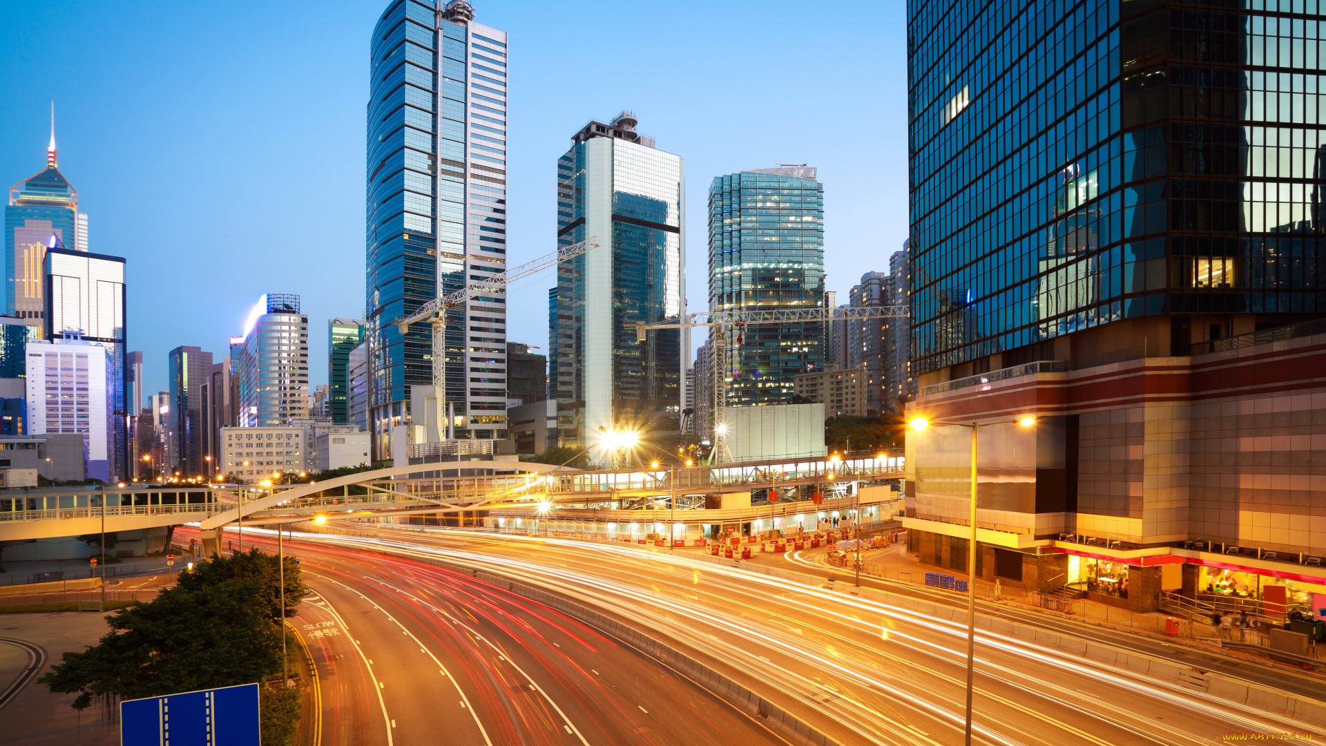 города, гонконг, , китай, гонконг, дорога, огни, небоскребы