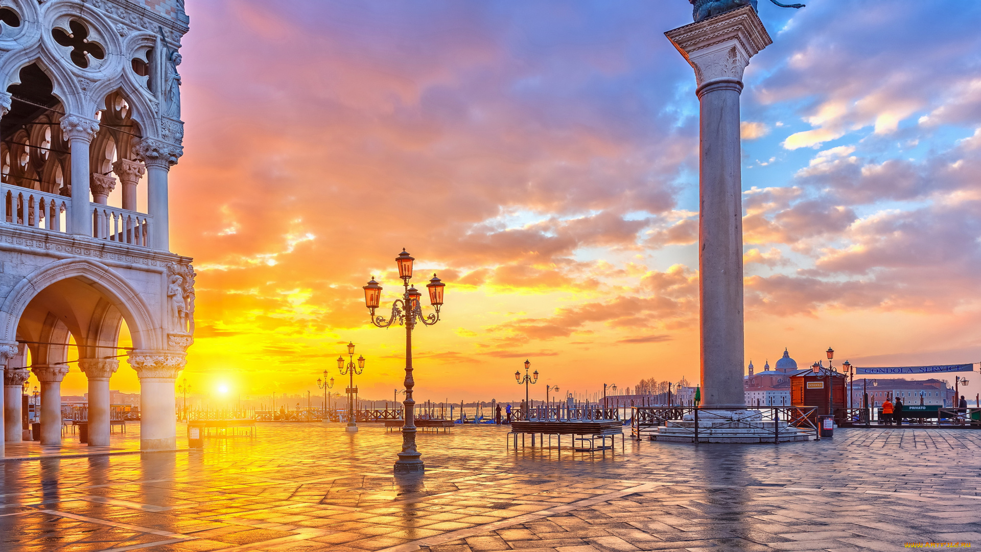 города, венеция, , италия, площадь, дома, фонари, венеция, закат