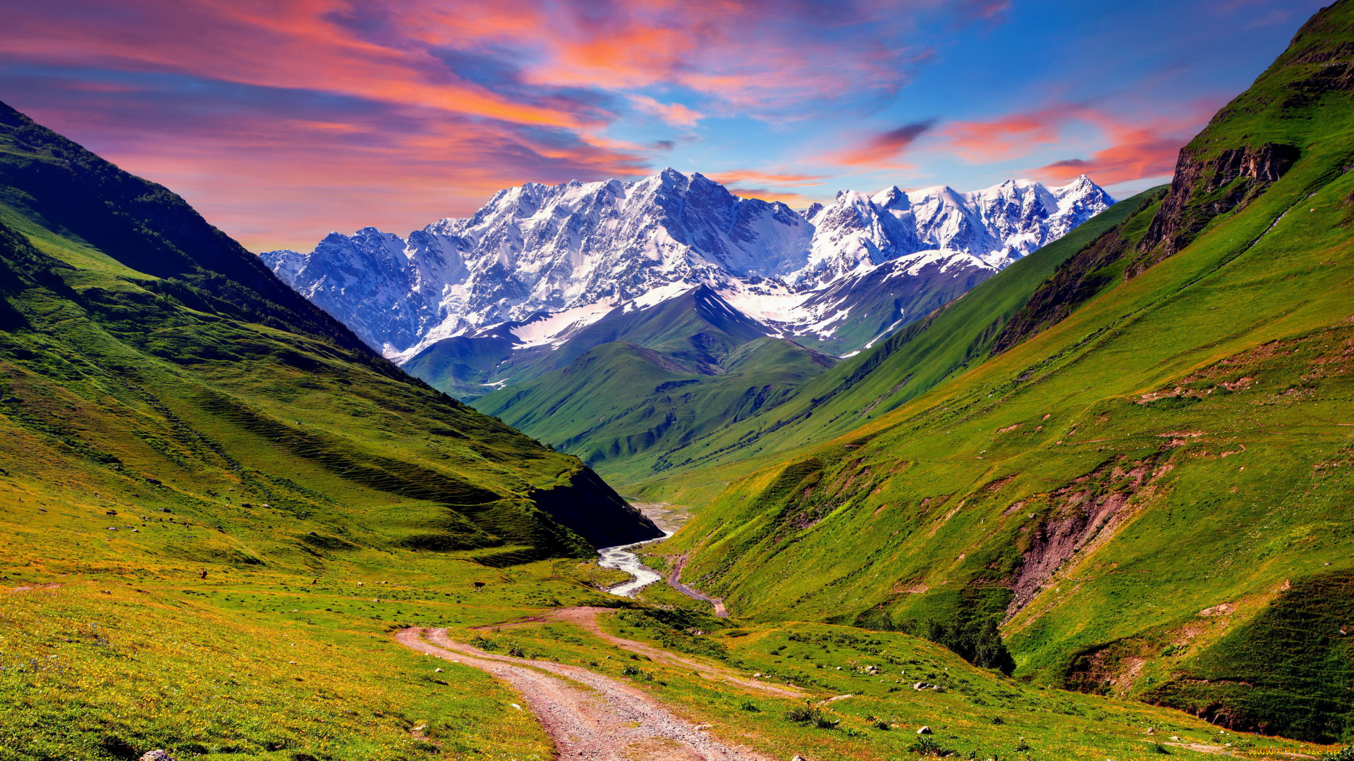 природа, горы, трава, небо, дорога, пейзаж