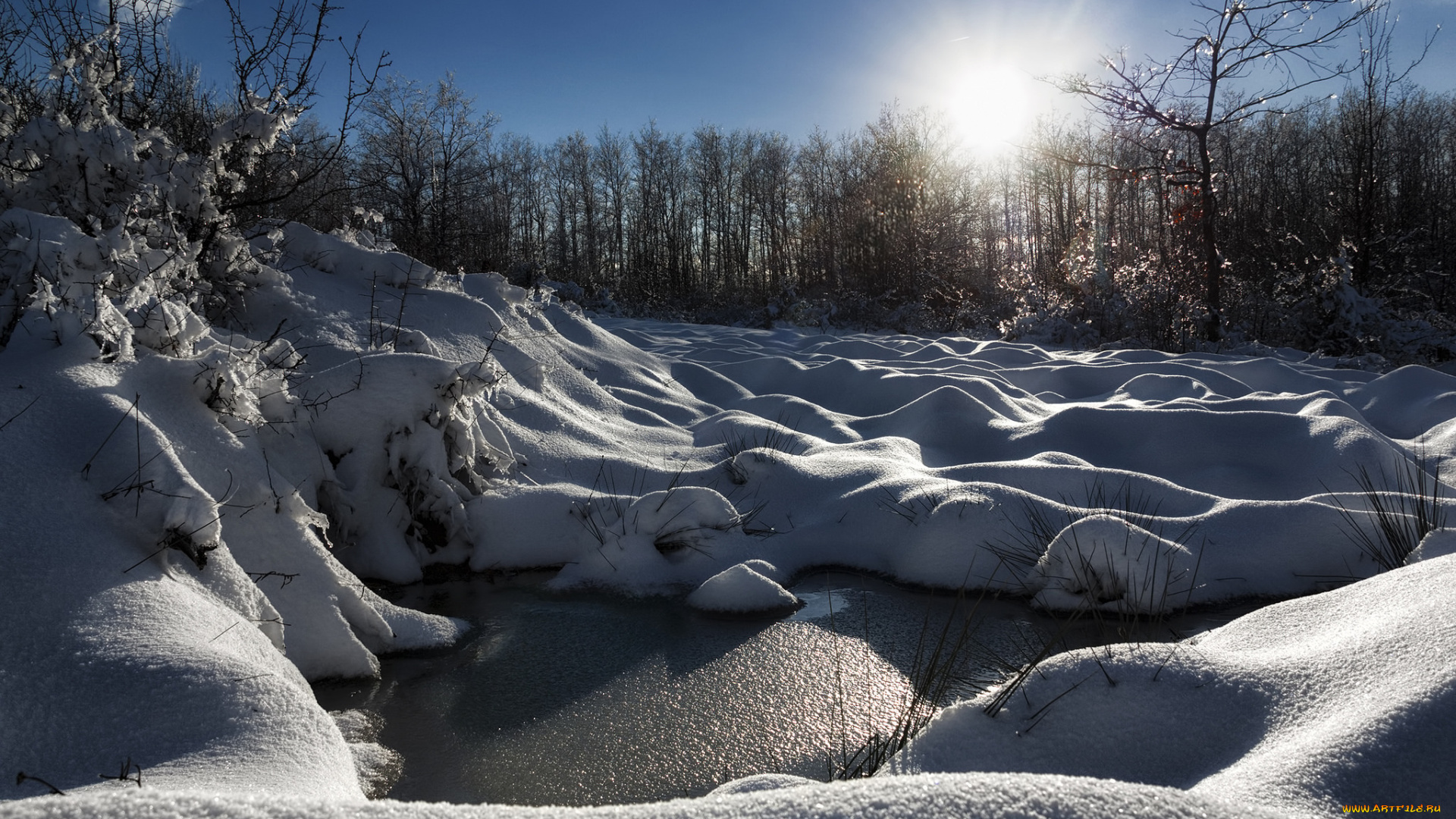 природа, зима, снег, свет, солнце, вода
