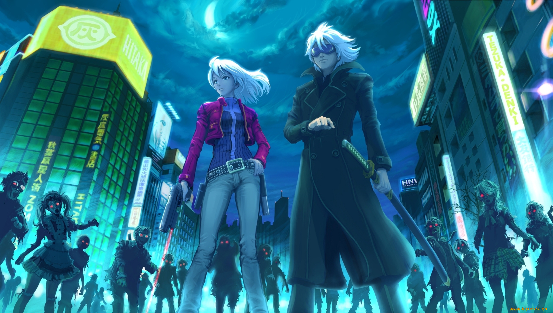 аниме, -weapon, , blood, &, technology, пистолет, неон, луна, ночь, катана, девушка, парень, зомби, город