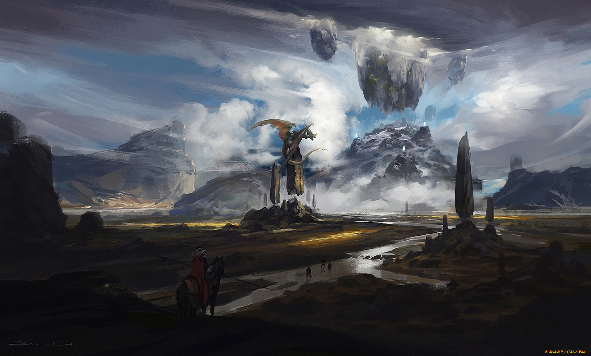 фэнтези, драконы, горы, воин, всадник, река, мир, иной