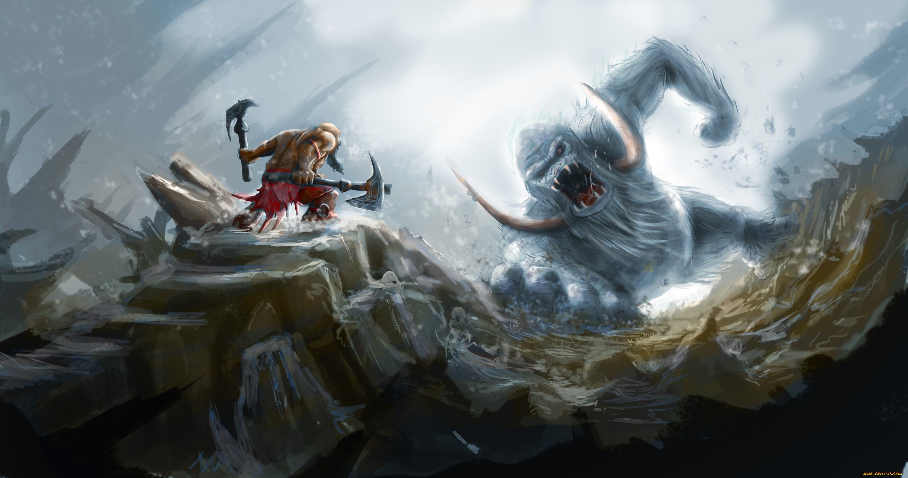 фэнтези, существа, существо, монстр, топоры, воин, атака, бивни