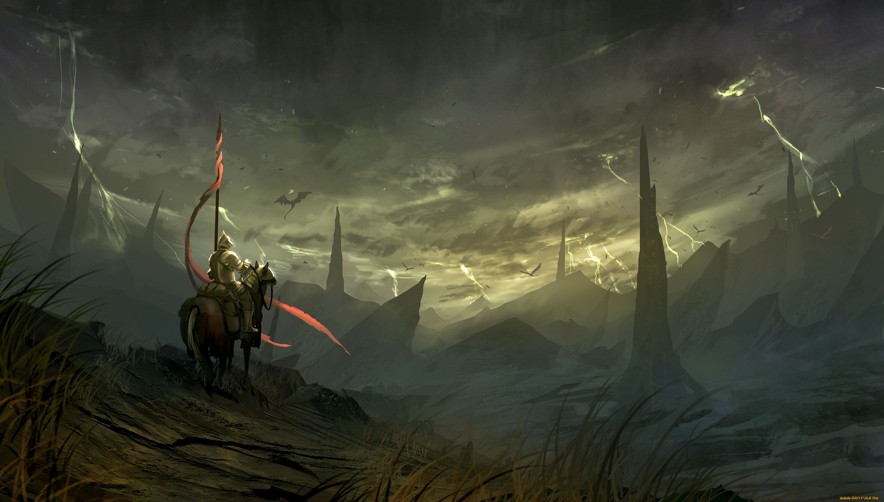 фэнтези, люди, воин, пустошь, дракон, мир, иной, всадник, рыцарь