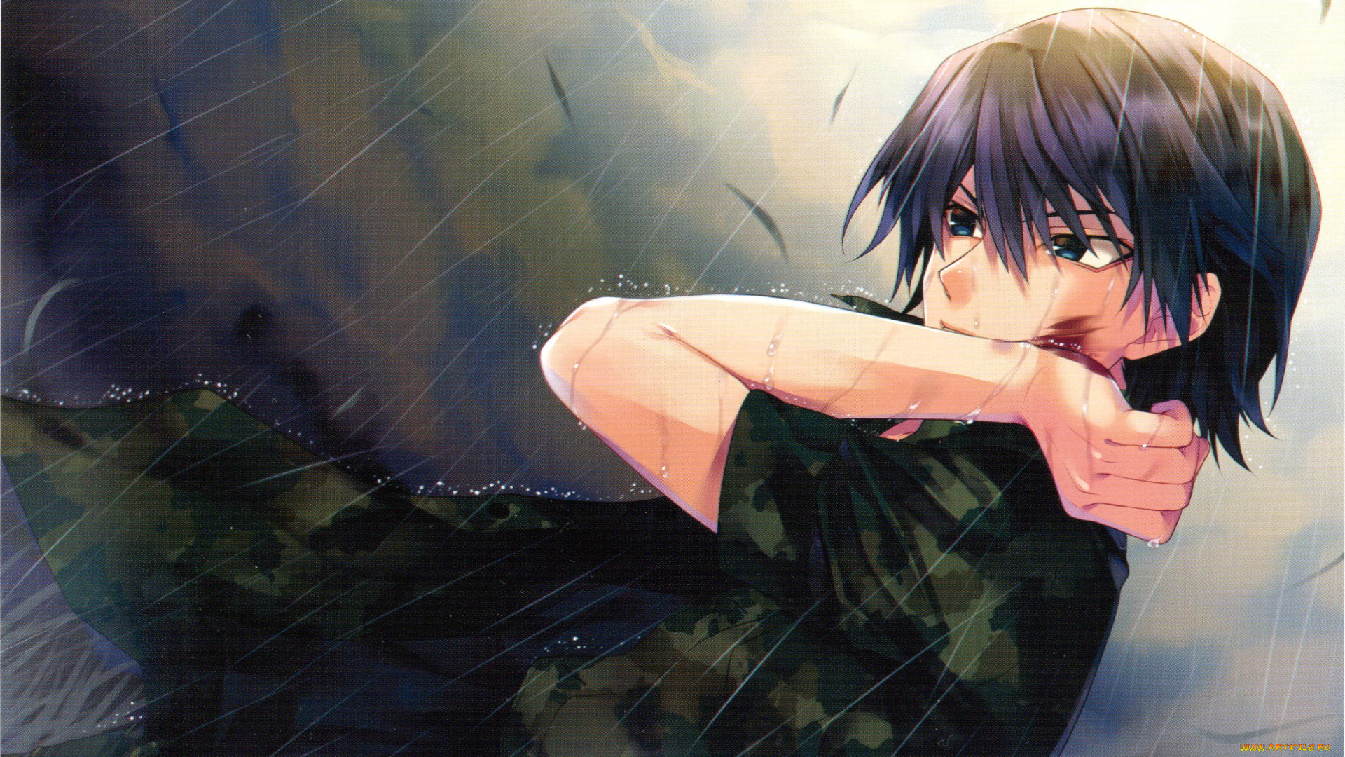 аниме, grisaia, no, kajitsu, grisaia, no, kajitsu, yuuji, kazami, ливень, камуфляж, кровь, парень, рана